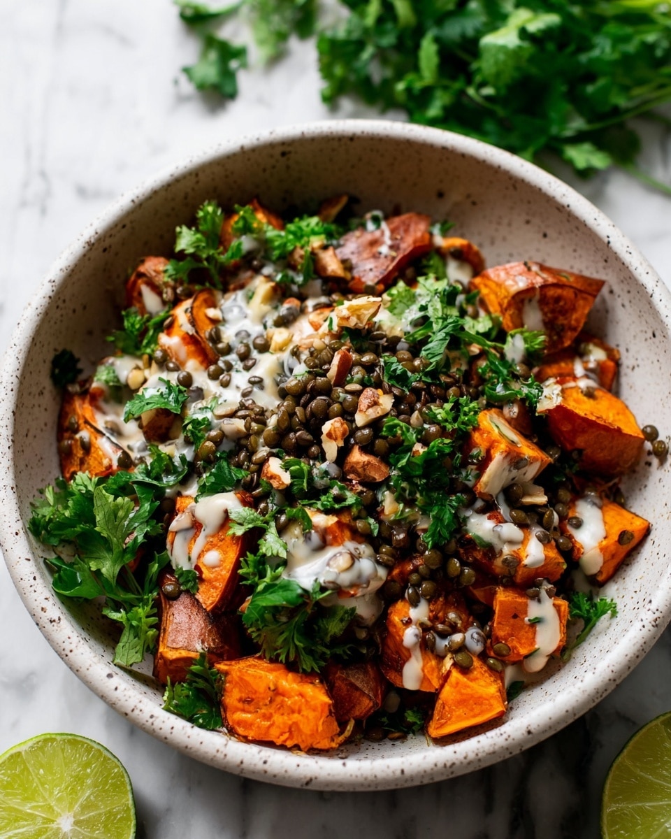 A white speckled bowl holds a vibrant salad made of roasted orange sweet potato chunks as the base layer, mixed with small green lentils scattered evenly on top. Bright green fresh parsley leaves are spread throughout the dish, adding a fresh look. Small bits of chopped nuts and a creamy white dressing drizzled lightly over everything complete the top layer, giving texture and visual interest. The bowl sits on a white marbled surface with some fresh parsley and a squeezed lime in the background. photo taken with an iphone --ar 4:5 --v 7