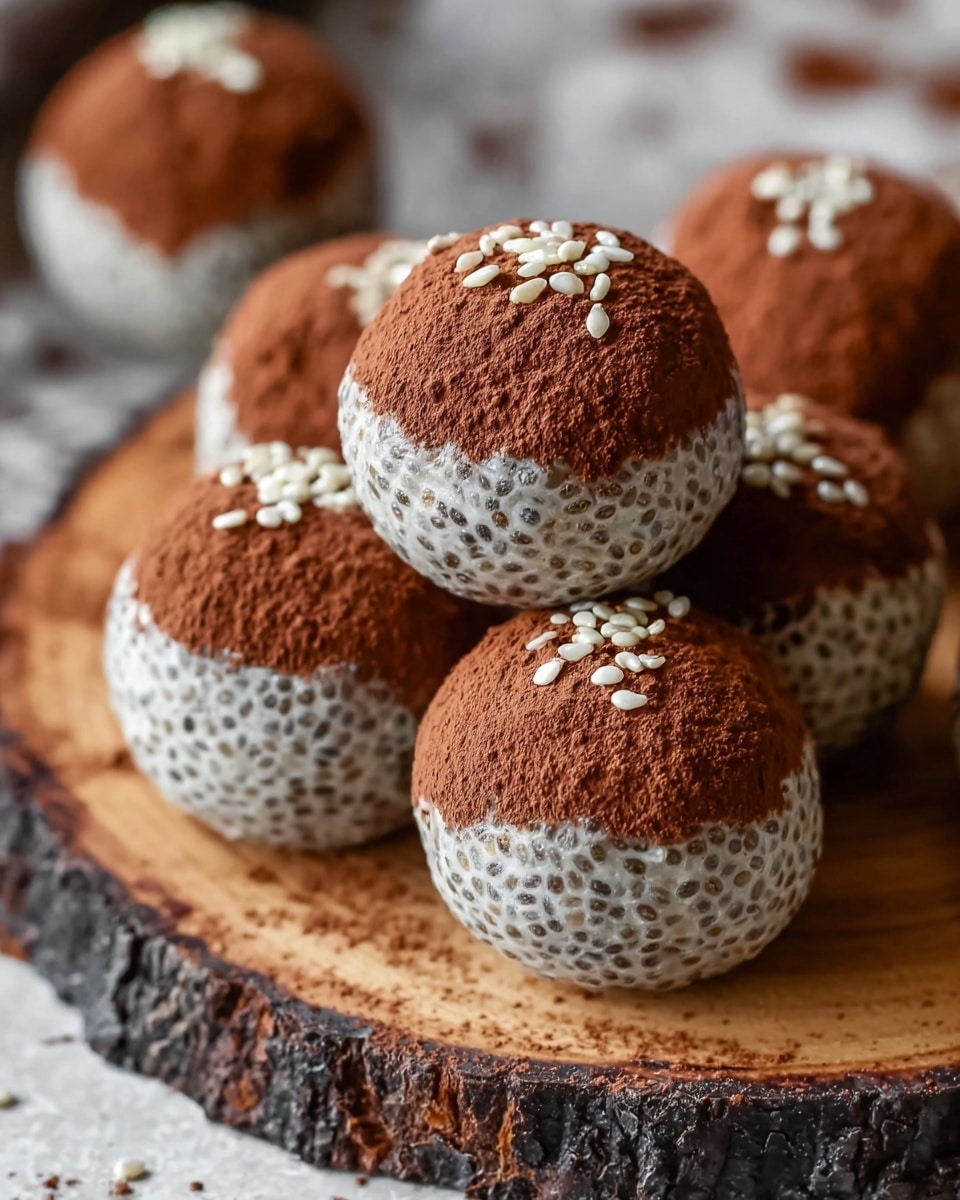 A close-up view of round chia pudding balls stacked on a wooden board with dark brown bark edges. Each ball has two main layers: a base layer of white chia pudding with visible black seeds, topped with a thick dusting of rich brown cocoa powder. The cocoa layer covers about half of each ball and is sprinkled with small white sesame seeds on top, giving visual contrast. The background is softly blurred, with the balls filling most of the frame, all placed on a white marbled texture surface. photo taken with an iphone --ar 4:5 --v 7