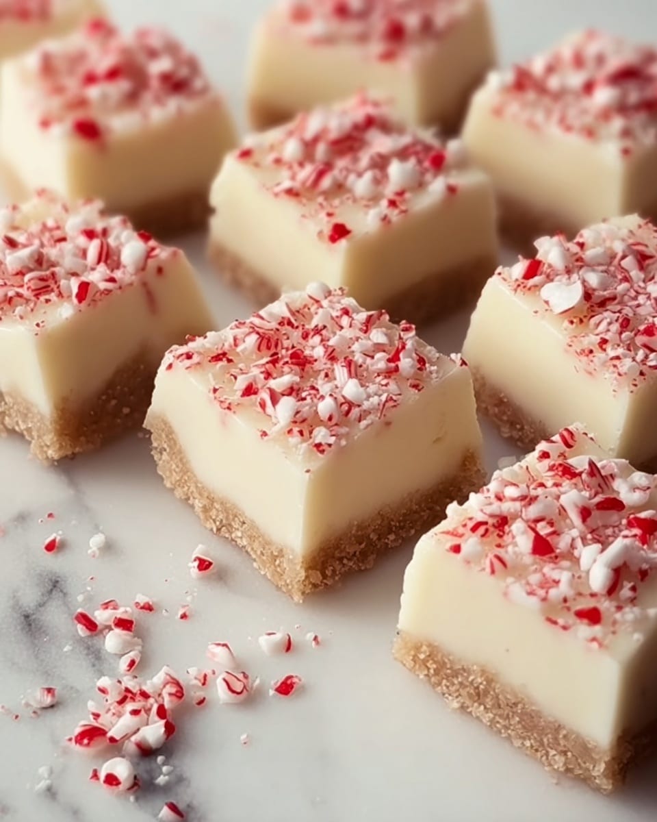 The image shows a group of small square desserts arranged on a white surface with a white marbled texture. Each dessert has two layers: a bottom layer that is light brown and crumbly, looking like a crust, and a top layer that is creamy white and smooth. The top layer is decorated with small red and white crushed candy pieces sprinkled evenly all over. The desserts are neatly placed close together, giving a clean and festive look. Photo taken with an iphone --ar 4:5 --v 7