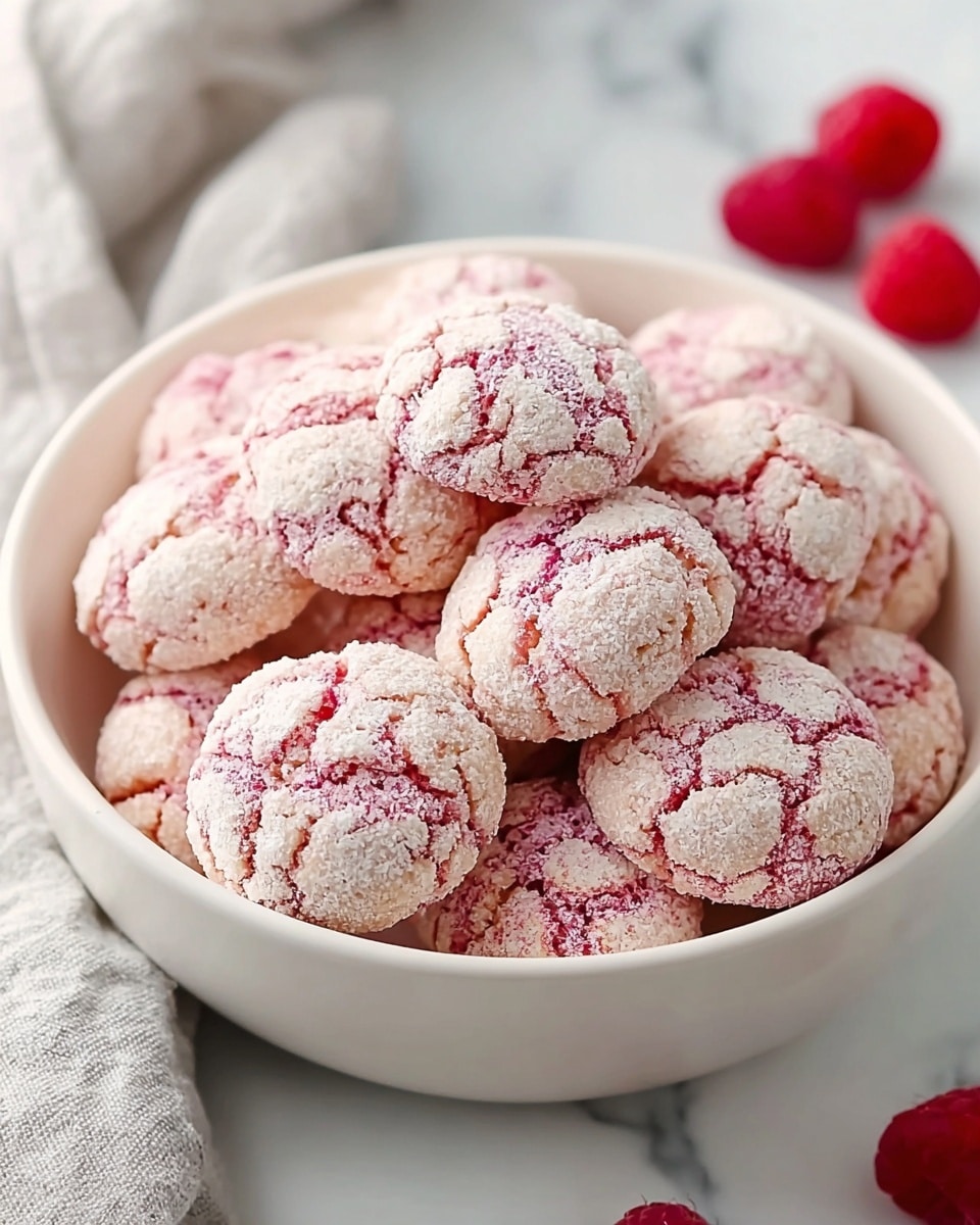 A white bowl filled with about fifteen round cookies that have a cracked surface showing dark pink and light pink colors underneath. Each cookie is coated with a layer of white sugar crystals giving a textured look. The cookies are stacked unevenly but fill the bowl well, and some fresh raspberries are seen slightly blurred in the background. The bowl sits on a white marbled surface with a light gray cloth nearby. photo taken with an iphone --ar 4:5 --v 7