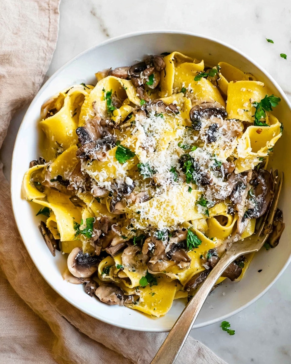 The image shows a white bowl filled with wide, flat yellow pasta ribbons, topped with browned sliced mushrooms scattered evenly across the dish. Light green leafy herbs are placed intermittently on top of the pasta and mushrooms. A generous layer of finely grated white cheese covers the pasta and mushrooms, adding a snowy texture over the dish. A silver fork rests on the right side inside the bowl. The bowl is placed on a white marbled surface with a beige cloth partially visible at the bottom left corner. Photo taken with an iphone --ar 4:5 --v 7