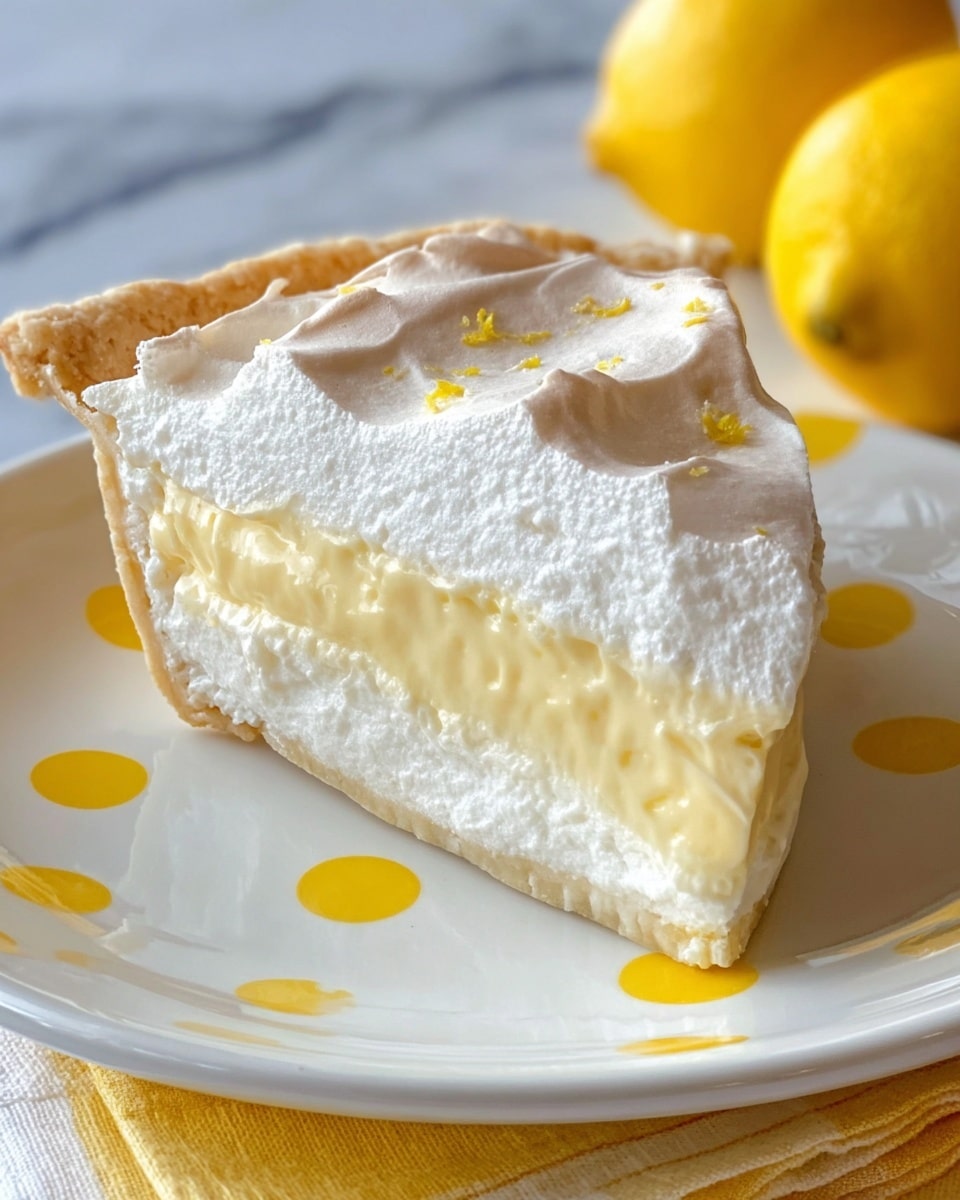 A slice of lemon meringue pie with three visible layers sits on a white plate with yellow dots. The bottom layer is a white, fluffy, and airy meringue crust. The middle layer is a smooth, pale yellow lemon filling with a creamy texture. The top layer is a thick, white meringue topping with swirls and small bits of lemon zest sprinkled on it. In the background, a fresh lemon and a white marbled surface can be seen, with the plate resting on folded yellow and white cloths. photo taken with an iphone --ar 4:5 --v 7