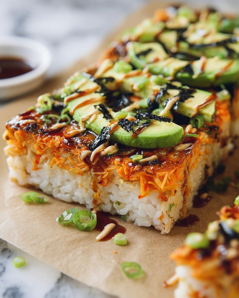 A square slice of a layered dish sits on parchment paper over a white marbled surface. The bottom layer is white rice, dense and compact. On top of that is a thick layer of orange shredded topping, possibly cooked vegetables or cheese, with a glossy, slightly crispy texture along the edges. The topmost layer has slices of green avocado adorned with small black seaweed pieces and sprinkled with light green chopped green onions. Drizzles of dark brown sauce and a light creamy sauce are spread over the slice, adding shine and extra texture. In the blurred foreground, another piece of the dish is partially visible. Photo taken with an iphone --ar 4:5 --v 7