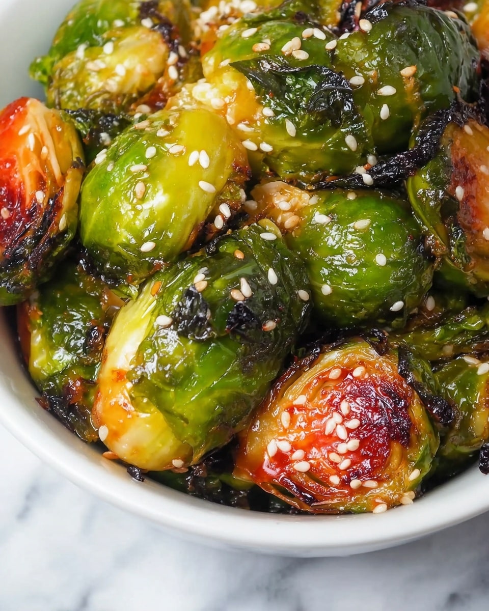 A close-up view of a bowl filled with roasted Brussels sprouts that are halved, showing layers of bright green and golden brown leaves with dark caramelized edges and charred spots, topped with white sesame seeds scattered on top, all arranged in a white bowl placed on a white marbled surface. photo taken with an iphone --ar 4:5 --v 7