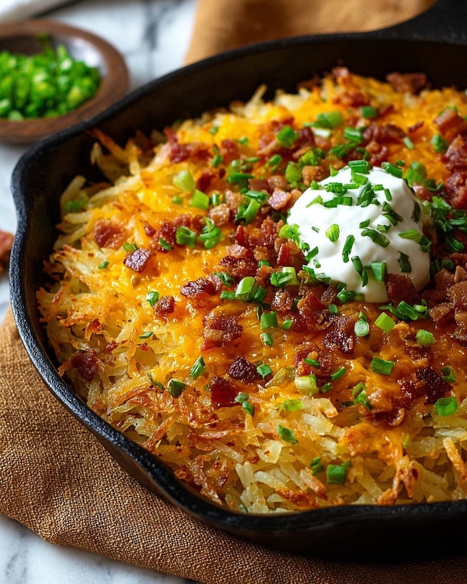 A close-up view of a black cast iron skillet filled with crispy golden-brown hash browns as the bottom and middle layers, topped with melted bright orange cheddar cheese forming the upper layer. On top of the cheese layer, there are small pieces of reddish-brown cooked bacon scattered evenly. Fresh and vibrant green chopped spring onions are sprinkled all over the dish, adding contrast. A dollop of white sour cream sits slightly off-center, garnished with more chopped chives. The skillet is placed on a white marbled surface with a rustic brown cloth underneath, enhancing the warm, inviting feel of the dish. photo taken with an iphone --ar 4:5 --v 7