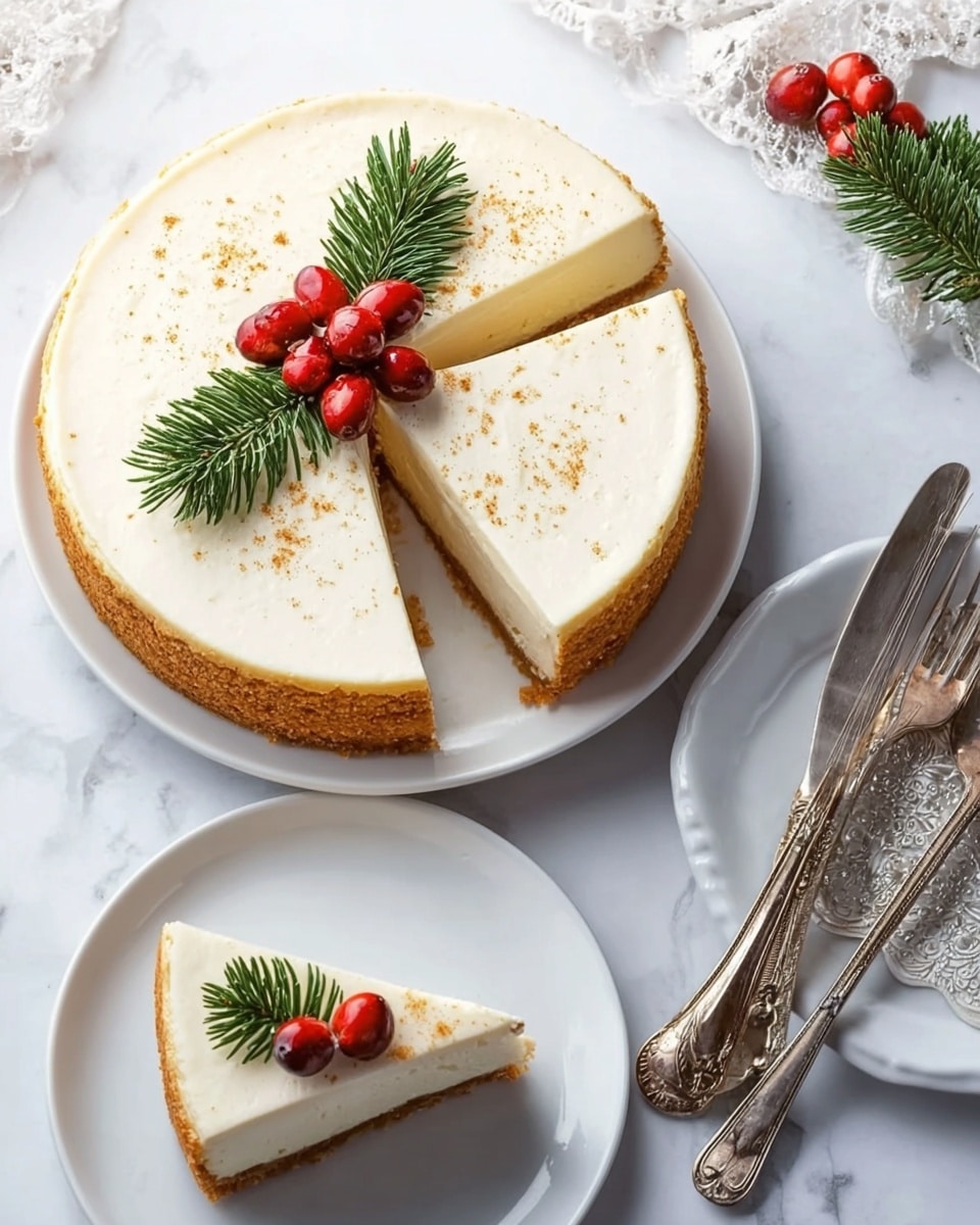 A round cheesecake with a thick golden crust forms the base layer, topped by a smooth, creamy white filling sprinkled lightly with brown spice. Two slices are cut out, revealing the even texture inside. The top is decorated with fresh green pine sprigs and three glossy red berries placed in the center, with an additional pine sprig along the edge. The cheesecake is on a white plate set on a white marbled surface. Nearby, a white plate holds one slice of cheesecake, also garnished with a small pine sprig and red berries. To the right, an ornate silver fork and knife lie on the white marbled surface. Photo taken with an iphone --ar 4:5 --v 7