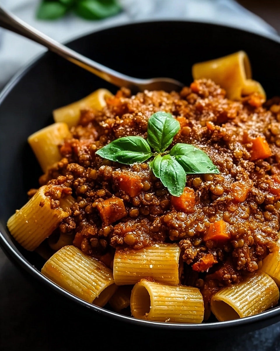 A black bowl filled with rigatoni pasta covered in thick, chunky brown meat sauce mixed with pieces of diced red and orange vegetables. The rigatoni is a light yellow color and scattered evenly under the sauce. On top, there is a garnish of fresh green basil leaves. The bowl is placed on a white marbled surface, and a silver spoon is partially visible in the background. The image closely focuses on the pasta and sauce, showing the texture of the sauce and pasta ridges clearly. photo taken with an iphone --ar 4:5 --v 7