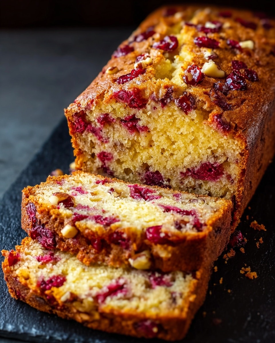 A golden brown loaf cake rests on a dark surface, showcasing a moist inside speckled with bright red cranberries and pieces of nuts. The cake has a rough, textured crust with chunks of cranberries and nuts visible throughout, especially near the top. Two thick slices lay in front of the unsliced portion, showing the tender crumb with red cranberry bits spread evenly inside. The overall look is warm and rustic, with a rich contrast between the yellow cake and red fruit. Photo taken with an iphone --ar 4:5 --v 7