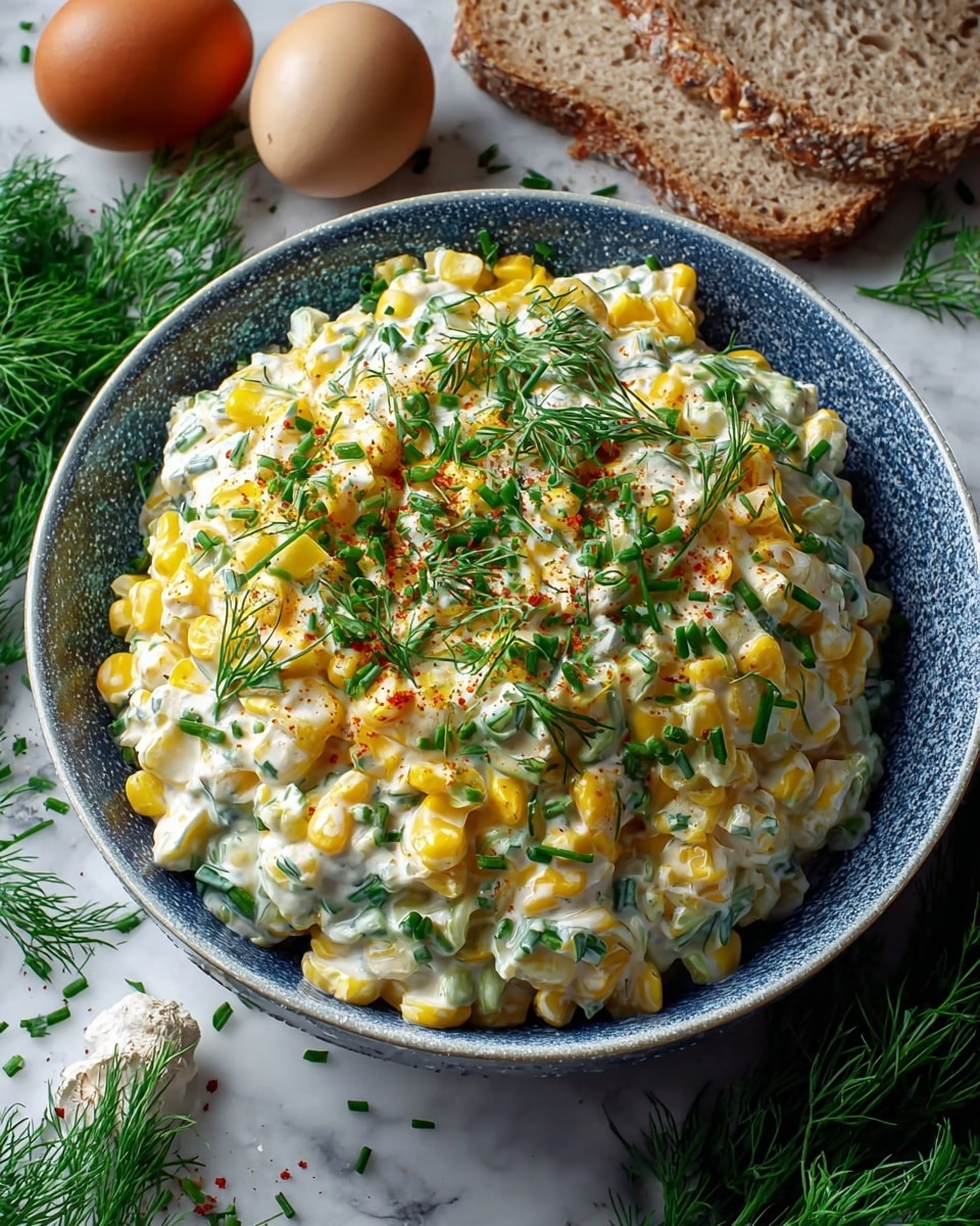 A close-up view of a creamy corn salad served in a deep white bowl with a textured blue outer rim. The salad has two main layers: the first layer is a mix of yellow corn kernels and white creamy dressing, creating a smooth and slightly chunky texture; the second layer consists of finely chopped fresh green herbs scattered throughout and on top, including sprigs of dill and small pieces of chives, with a light dusting of red spice adding contrast. The bowl sits on a white marbled surface with a slice of brown rustic bread, whole garlic, eggs, and fresh dill surrounding it, adding a fresh and natural vibe. photo taken with an iphone --ar 4:5 --v 7