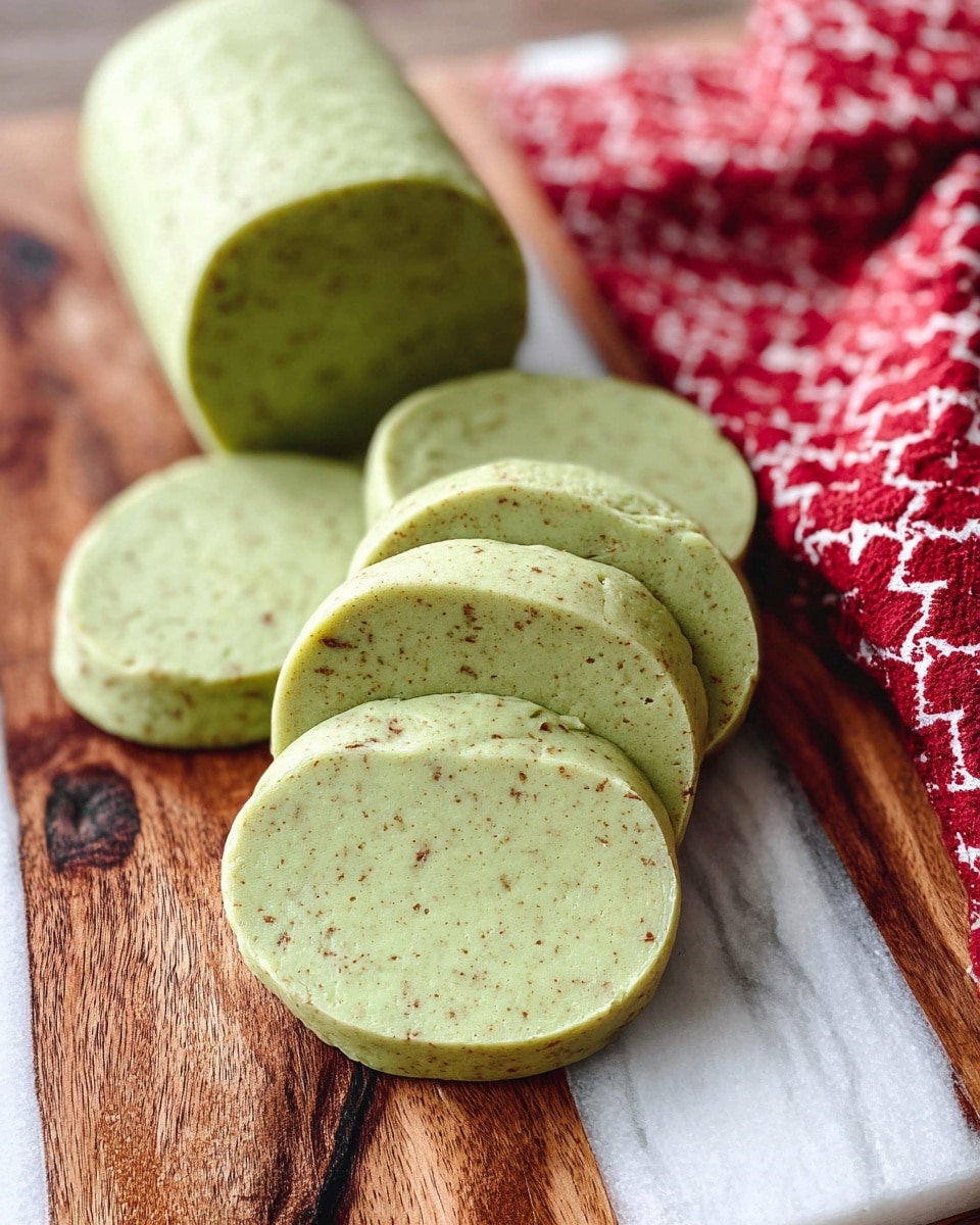 A thick log of pale green dough with small brown specks is sliced into four even pieces, each slice showing a smooth, dense texture. The log and the slices rest on a white marbled textured wooden board with natural dark knots and grains. A folded red cloth with a white diamond pattern is partially visible in the upper right corner. The focus is on the clean, rounded edges of the slices. Photo taken with an iphone --ar 4:5 --v 7