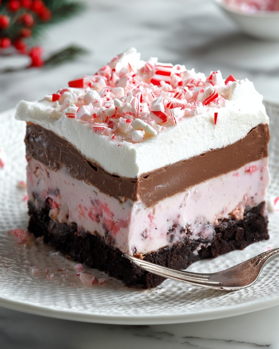 A square dessert with four visible layers sits on a white plate with a textured pattern, placed on a white marbled surface. The bottom layer is thick and dark brown, resembling a dense chocolate crust. Above it is a light pink creamy layer with small red bits mixed in, showing a soft, smooth texture. The next layer is a dark brown, rich chocolate mousse or ganache, smooth and thick. On top, there is a white whipped cream layer spread evenly, sprinkled with crushed red and white peppermint candy pieces. A silver fork rests on the right side of the plate, partially touching the dessert. Photo taken with an iphone --ar 4:5 --v 7