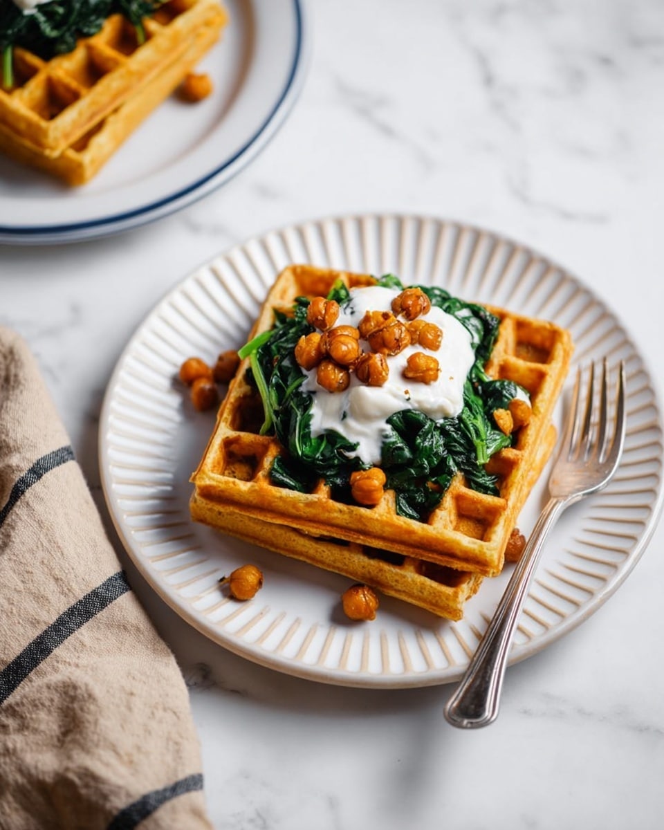 Two golden waffles stacked on a white plate with a ridged edge sit on a white marbled surface. On top of the waffles is a layer of cooked dark green spinach, covered by a dollop of white creamy sauce. Small, crispy brown chickpeas are scattered on the spinach and sauce, with a few fallen on the plate. A silver fork rests to the right of the stack on the plate. In the corner, part of a white plate with blue edging holds another waffle stack, and a beige and black striped cloth is draped nearby. Photo taken with an iphone --ar 4:5 --v 7