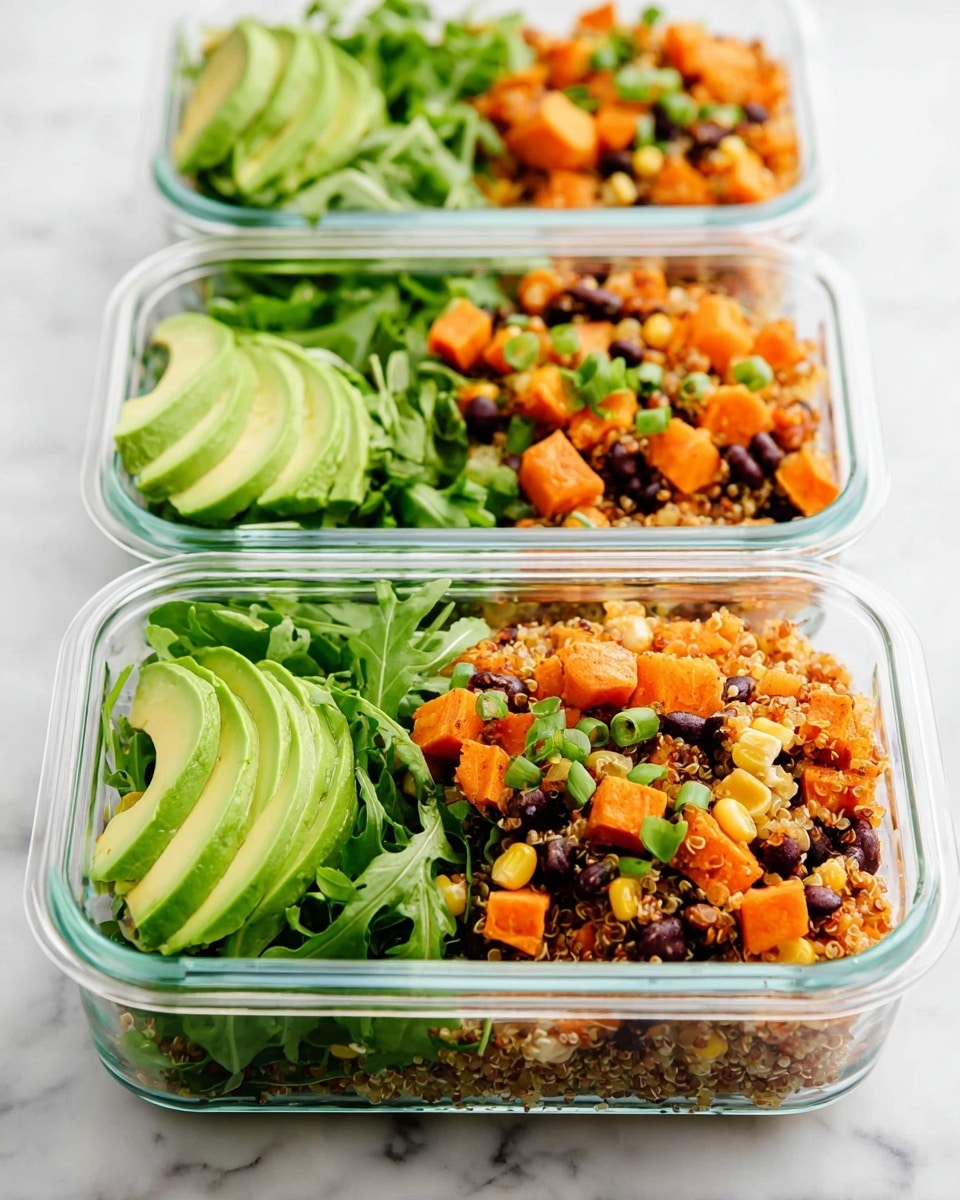 Three clear glass meal prep containers are placed in a line on a white marbled surface, each divided into two sections. On the left side of each container, there are thin slices of green avocado neatly arranged with fresh, leafy green arugula beside them, showing a soft and crisp texture. On the right side, there is a colorful quinoa salad made of small, orange sweet potato cubes, light beige quinoa grains, black beans, golden yellow corn kernels, and chopped green onions, creating a mix of bright and warm tones with a grainy, chunky texture. photo taken with an iphone --ar 4:5 --v 7