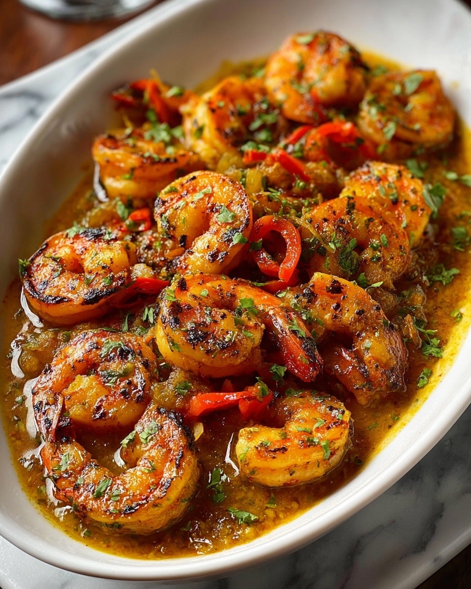 The dish is served in a white oval bowl filled with about one main layer of cooked shrimp that are orange with black grill marks and a slightly shiny texture. The shrimp are mixed with a rich sauce that is golden brown with bits of onions and spices, and scattered chopped green herbs on top add fresh color. Thin slices of red pepper pieces are mixed among the shrimp, adding red highlights to the dish. The bowl is placed on a white marbled surface. photo taken with an iphone --ar 4:5 --v 7