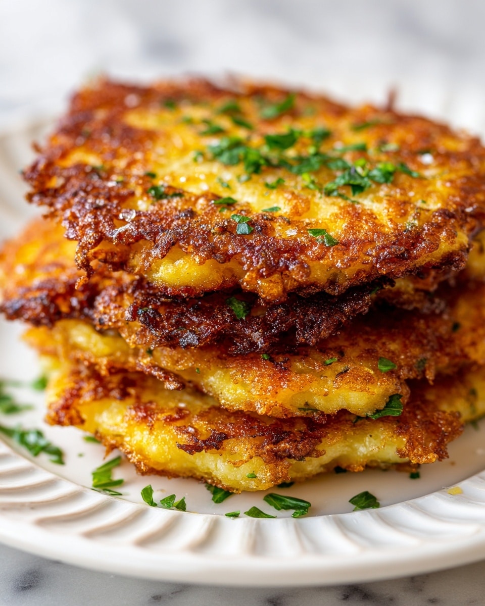 A close-up view of three golden brown potato pancakes stacked on a white plate with a subtle ribbed texture, each pancake showing a crispy, lacy surface with a mix of light yellow and darker browned edges. The top pancake is sprinkled with small bits of fresh green parsley, scattered gently on and around the stack. The background is a soft white marbled texture that contrasts with the warm colors of the pancakes. photo taken with an iphone --ar 4:5 --v 7