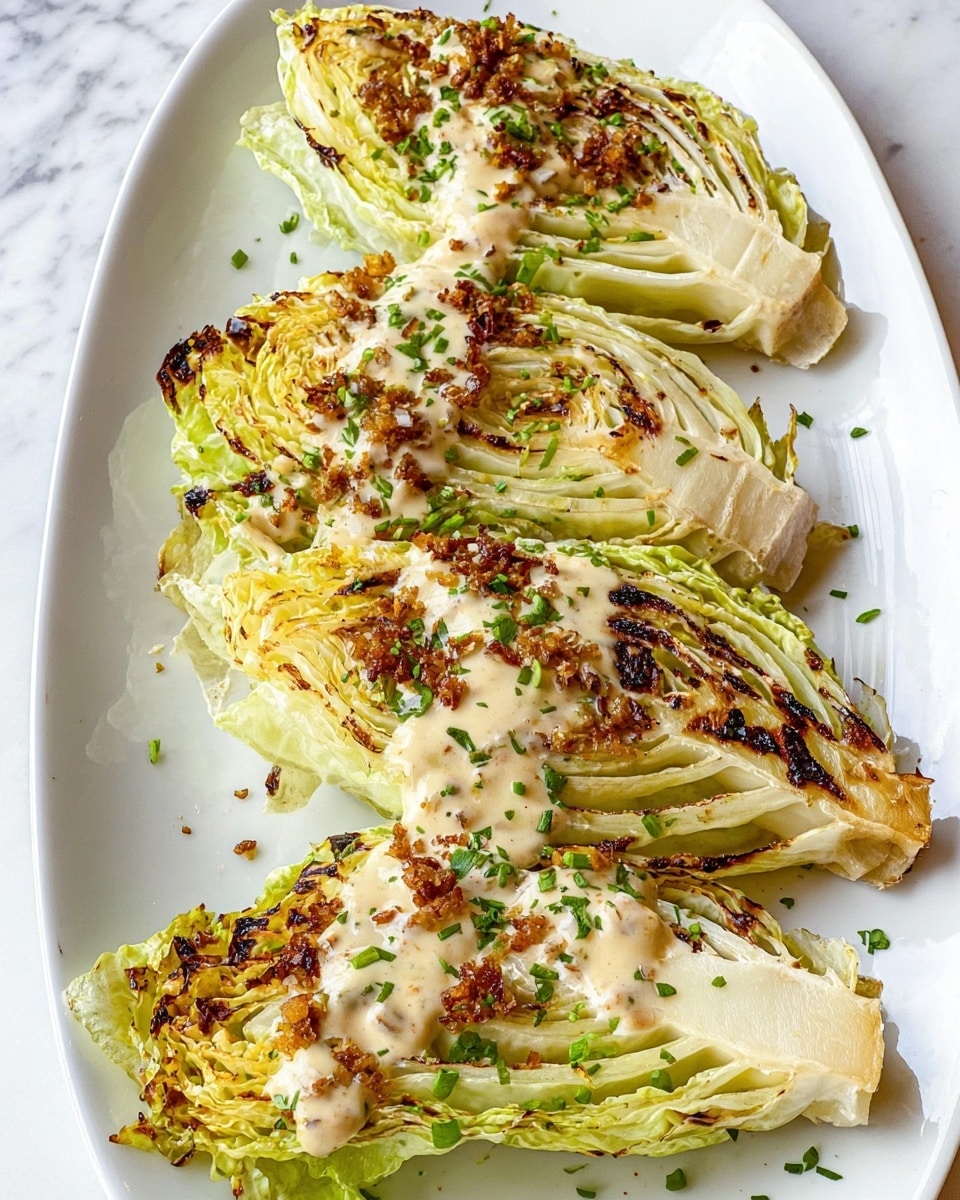 The image shows four wedges of grilled cabbage arranged in a straight line on a white plate. Each wedge has a mix of light green and pale yellow layers with charred, browned, and slightly crispy edges. On top of each cabbage wedge is a creamy sauce with small bits, pale yellowish in color, and sprinkled with finely chopped green herbs. Additional herbs are lightly scattered on the plate around the cabbage. The background is a white marbled texture. photo taken with an iphone --ar 4:5 --v 7