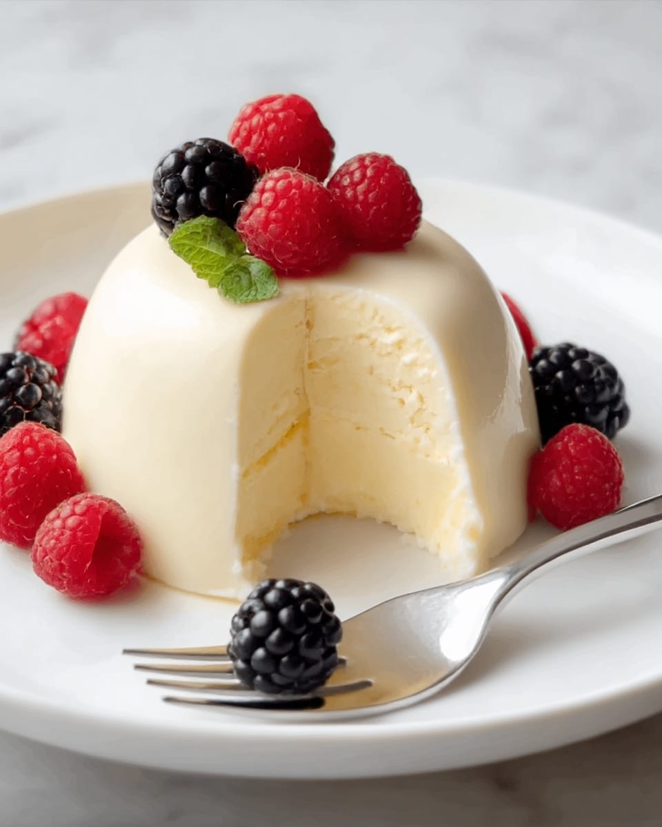 A dome-shaped, creamy white dessert with a smooth and slightly shiny surface sits in the center of a white plate. The dessert has a bite taken out of it, showing two even inner layers of pale yellow creamy texture. Around the base of the dessert is a circle of fresh red raspberries and dark blackberries, with two more berries and a small green leaf placed on top. A shiny silver fork rests on the plate in front of the dessert, holding one small black berry. The background is a white marbled texture. photo taken with an iphone --ar 4:5 --v 7