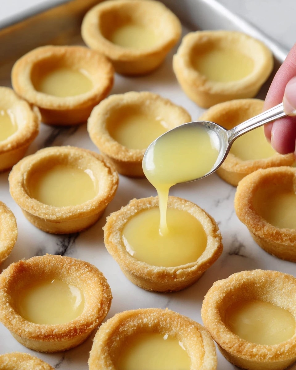 The image shows several small, round tart shells arranged closely on a baking tray, all with a golden-brown, slightly crumbly texture. Some tart shells are empty, showing their hollow centers, while others are being filled with a smooth, glossy pale yellow lemon curd, which is being poured from a spoon held by a woman's hand. The lemon curd contrasts softly with the outer crust. The background is a white marbled texture. photo taken with an iphone --ar 4:5 --v 7