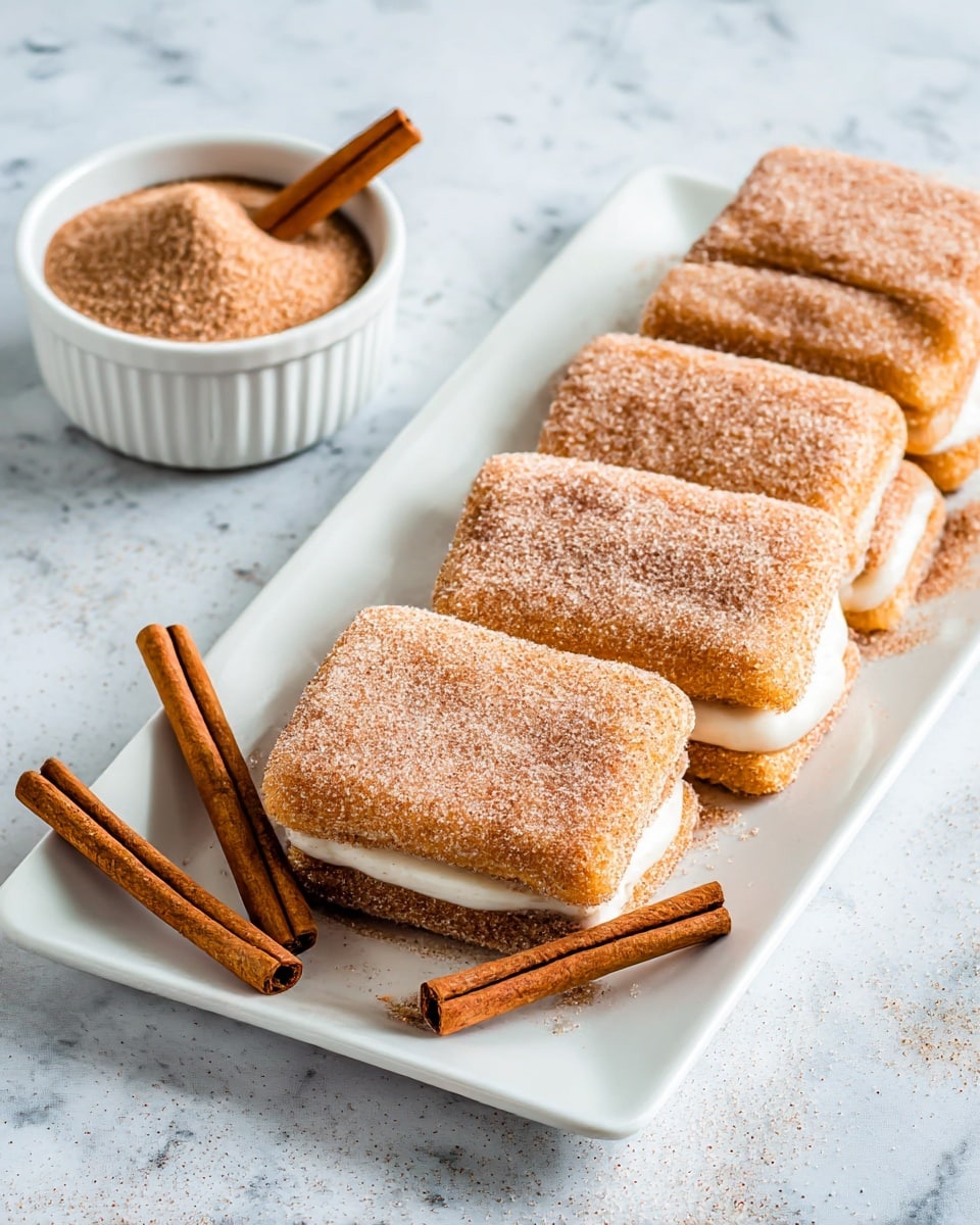 The image shows two rows of square pastries on a white rectangular plate, each pastry covered in a layer of cinnamon sugar giving them a light brown, grainy texture. Between the layers of pastry is a creamy white filling visible at the edges. In the center of the plate between the two rows are several cinnamon sticks with a rough, woody texture. Behind the plate, a small white bowl holds more cinnamon sugar, with a single cinnamon stick placed inside. The plate is set on a white marbled surface that is light with soft grey veins. photo taken with an iphone --ar 4:5 --v 7