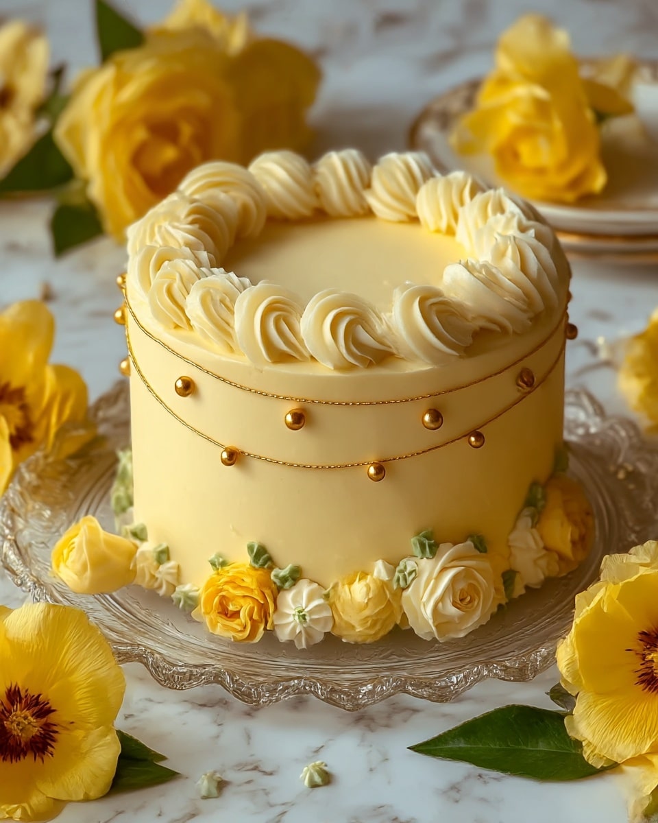 A single-layer round cake with smooth pale yellow frosting covers the whole cake. The top edge is decorated with thick swirls of cream in a creamy white shade. Around the middle of the cake, there are thin golden string-like decorations with small gold balls hanging down. On the sides near the base, buttercream flowers in soft yellow and white mix with tiny green leaves. The cake sits on a clear glass plate with a scalloped edge placed on a white marbled surface. Large, delicate yellow flowers with dark centers and green leaves surround the cake on the plate and the surface. Photo taken with an iphone --ar 4:5 --v 7