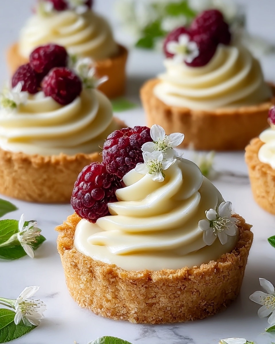 The image shows small tartlets with a base layer of golden-brown, crumbly crust that looks firm and textured. On top of the crust is a thick, creamy white swirled filling that is smooth and glossy, with four or five soft peaks that create a flower-like shape. Each tartlet is topped with a cluster of dark red raspberries and small white flowers with delicate petals, giving a fresh and elegant look. These tartlets sit on a white marbled surface, with a few green leaves and more white flowers scattered around for decoration, creating a clean and bright setting. photo taken with an iphone --ar 4:5 --v 7