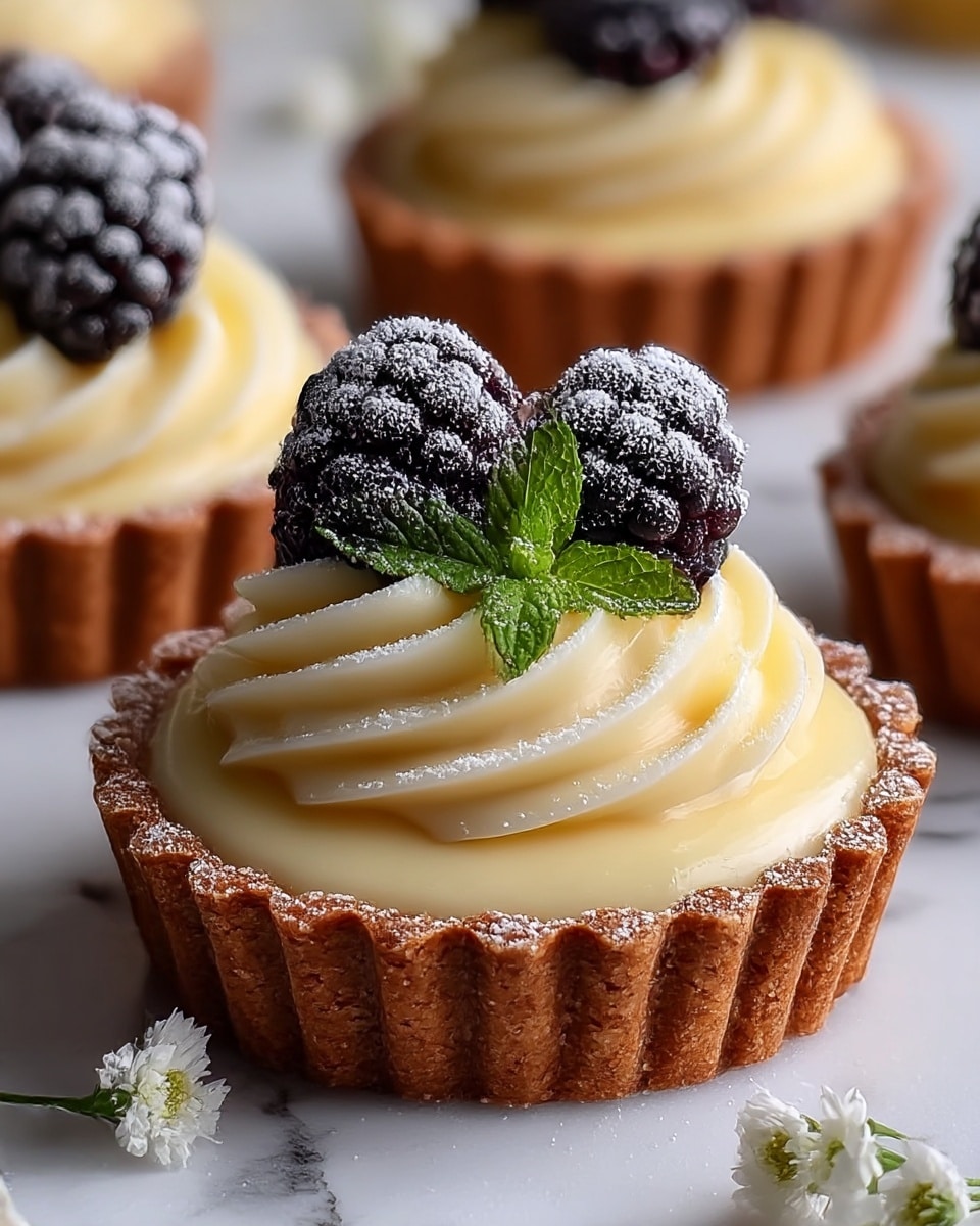 The image shows a small tart with three distinct layers. The bottom layer is a brown, crumbly crust with a scalloped edge. On top of the crust is a smooth, creamy layer of pale yellow custard swirled in soft peaks. Above the custard layer, there are three fresh blackberries, each covered with a light dusting of powdered sugar, and a small bright green mint leaf placed in the middle. The tart is resting on a white marbled surface with a few small white flowers nearby, and other similar tarts are out of focus in the background. Photo taken with an iphone --ar 4:5 --v 7