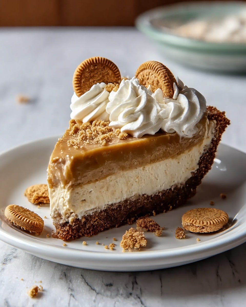 A slice of pie sits on a white plate with a white marbled texture surface underneath. The pie has four visible layers: a dark brown crumbly crust at the bottom, a thin caramel-colored layer above it, a thick creamy light brown filling as the main layer, and a thin white layer of whipped cream on top. Swirls of white whipped cream are placed on the edges of the pie slice, each topped with a small round brown cookie. Crumbled cookie pieces are scattered around the plate. Photo taken with an iphone --ar 4:5 --v 7