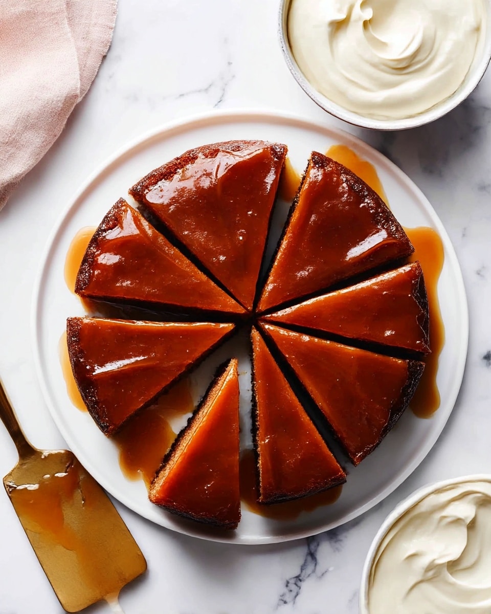 The image shows a round cake with a glossy caramel-like glaze on top, cut into eight slices and placed on a white plate. The top layer of the cake has a smooth, shiny, dark amber surface with subtle ridges, giving it a rich, sticky texture. Beneath this shiny layer, the cake appears dense and moist, with a slightly darker interior visible on the cut edges. Caramel sauce flows and pools around the base of the cake on the white plate, enhancing the glossy look. Next to the plate, there is a white bowl filled with thick, creamy white sauce or cream on a white marbled surface. A gold spatula with some caramel sauce rests nearby, completing the warm and inviting presentation. Photo taken with an iphone --ar 4:5 --v 7