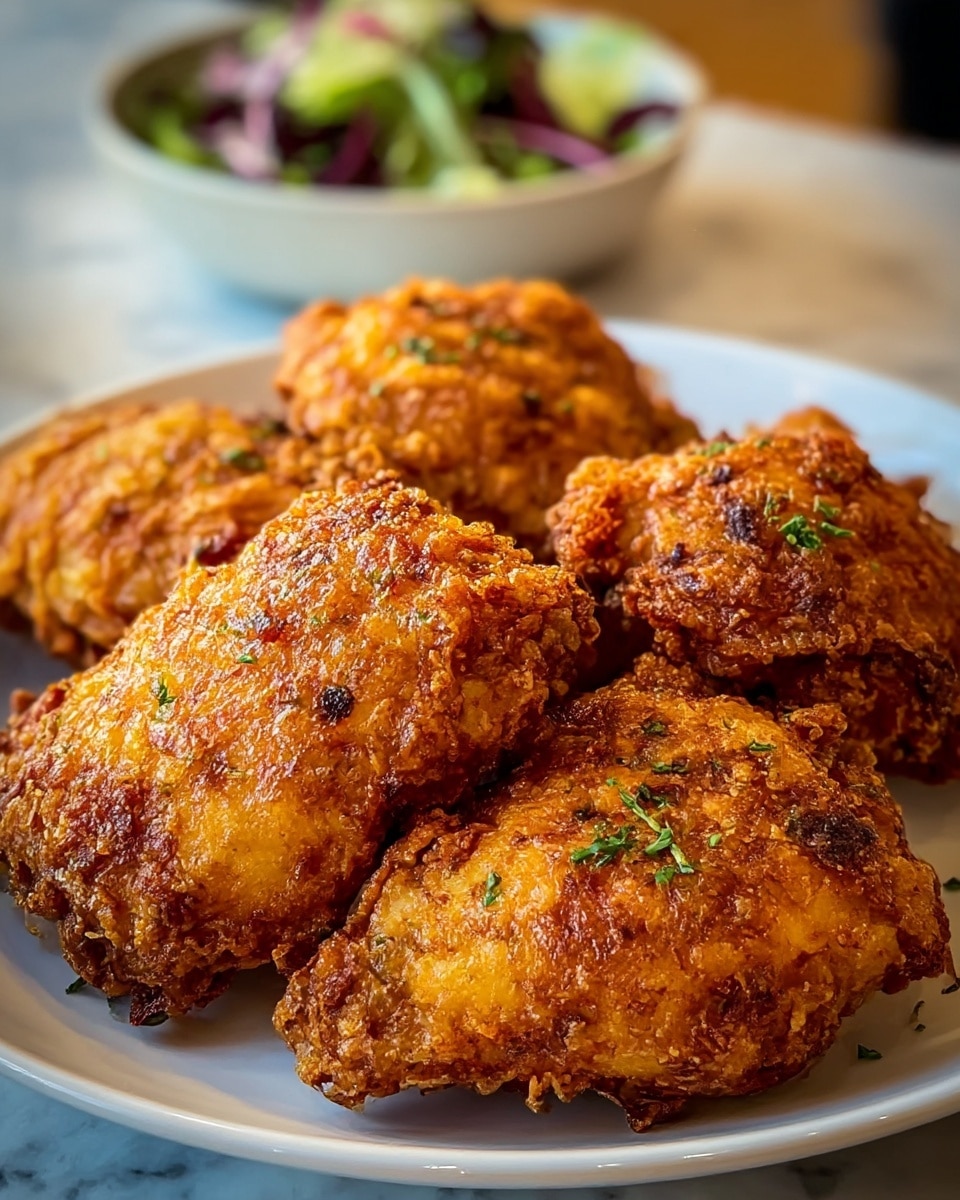 A close-up view of five pieces of fried chicken with a golden-brown, crispy crust. Each piece shows textured, crunchy skin with darkened, well-seasoned spots that highlight the frying's crunchiness. The chicken pieces are stacked closely on a white plate that has soft folds suggesting a paper lining underneath. The background is a white marbled texture, making the fried chicken the clear focus of the image. Photo taken with an iphone --ar 4:5 --v 7