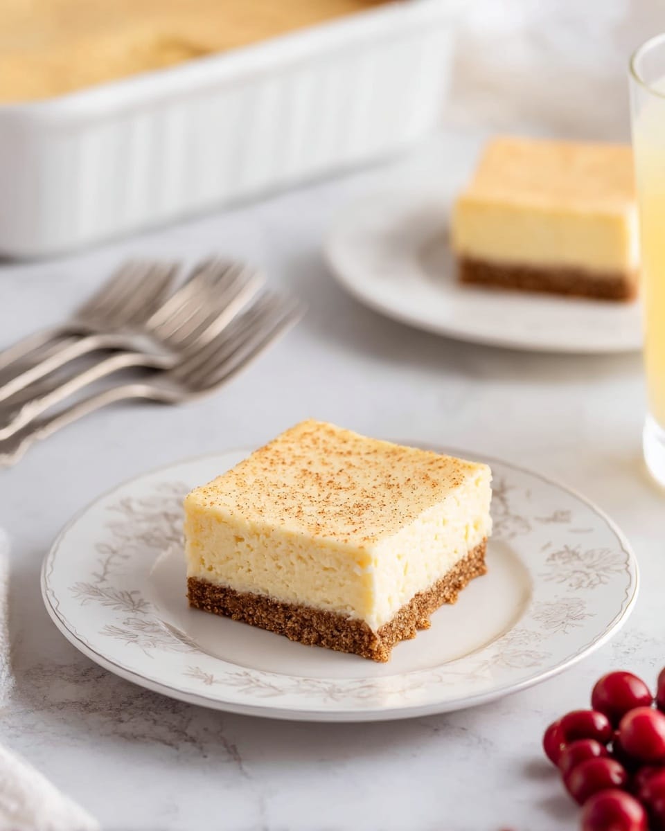 A square slice of cheesecake with two visible layers sits centered on a white plate with a subtle floral pattern; the bottom layer is a crumbly brown crust, and the top layer is a thick, smooth, creamy pale yellow filling sprinkled lightly with fine brown specks. In the background, there is another square slice of cheesecake on a similar white plate, slightly out of focus, and part of the white baking dish holding the cheesecake is visible. To the left, three metal forks rest on a white marbled surface, while to the right, a glass with a pale yellow drink is partly seen. In the bottom right corner, small clusters of bright red cranberries add a pop of color. The lighting is soft and natural, enhancing the creamy texture of the cheesecake. photo taken with an iphone --ar 4:5 --v 7