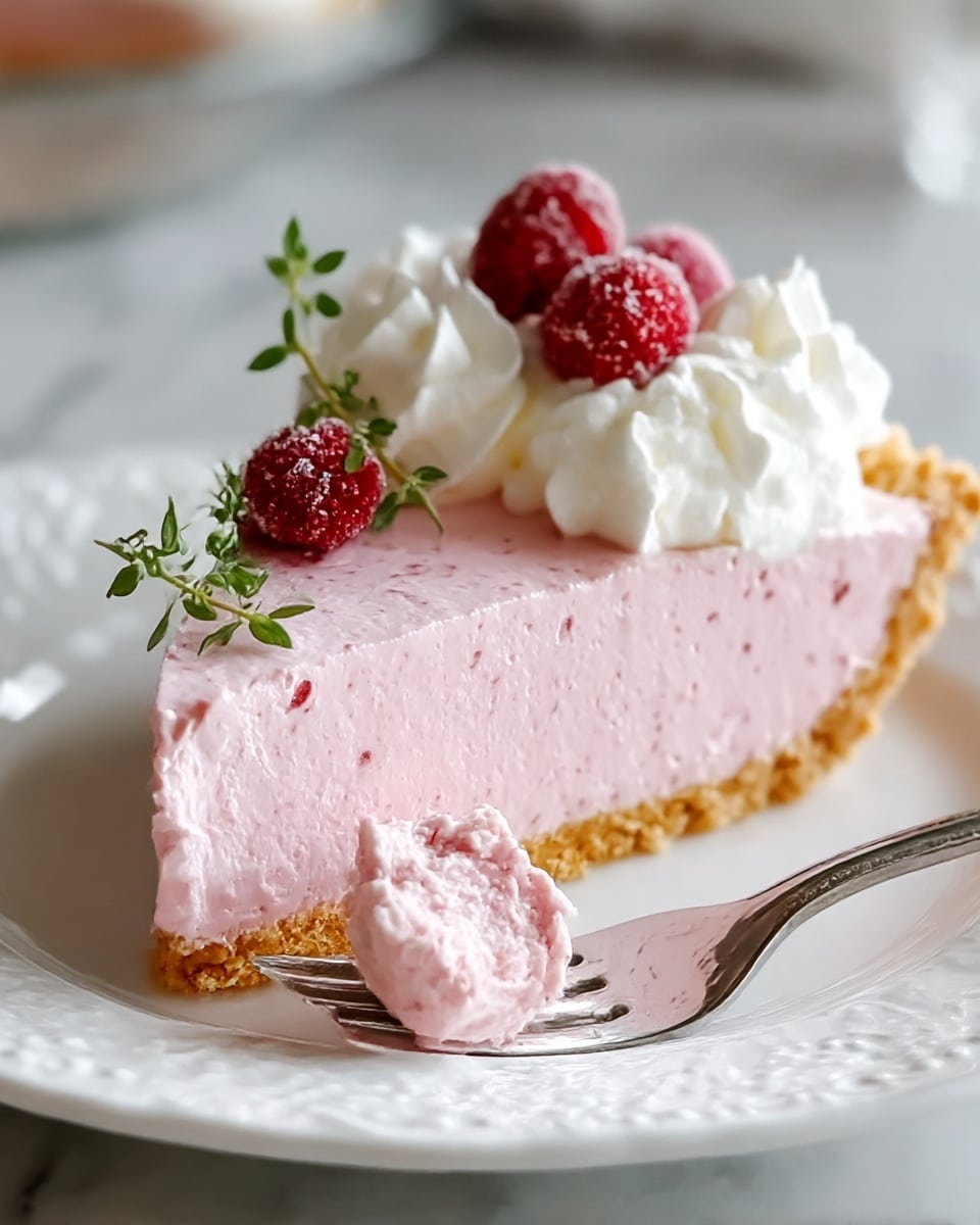 A slice of pie is shown with three clear layers: the bottom layer is a crumbly golden crust, the middle layer is thick, smooth, and light pink filling with small specks inside, while the top layer features fluffy white dollops of whipped cream. At the front of the slice, a silver fork holds a small bite of the pink filling and crust. On top of the pie slice, there are several powdery red berries and a small sprig of green herb, adding a fresh touch. The slice sits on a white plate with a delicate raised edge pattern, placed on a white marbled surface. Photo taken with an iphone --ar 4:5 --v 7