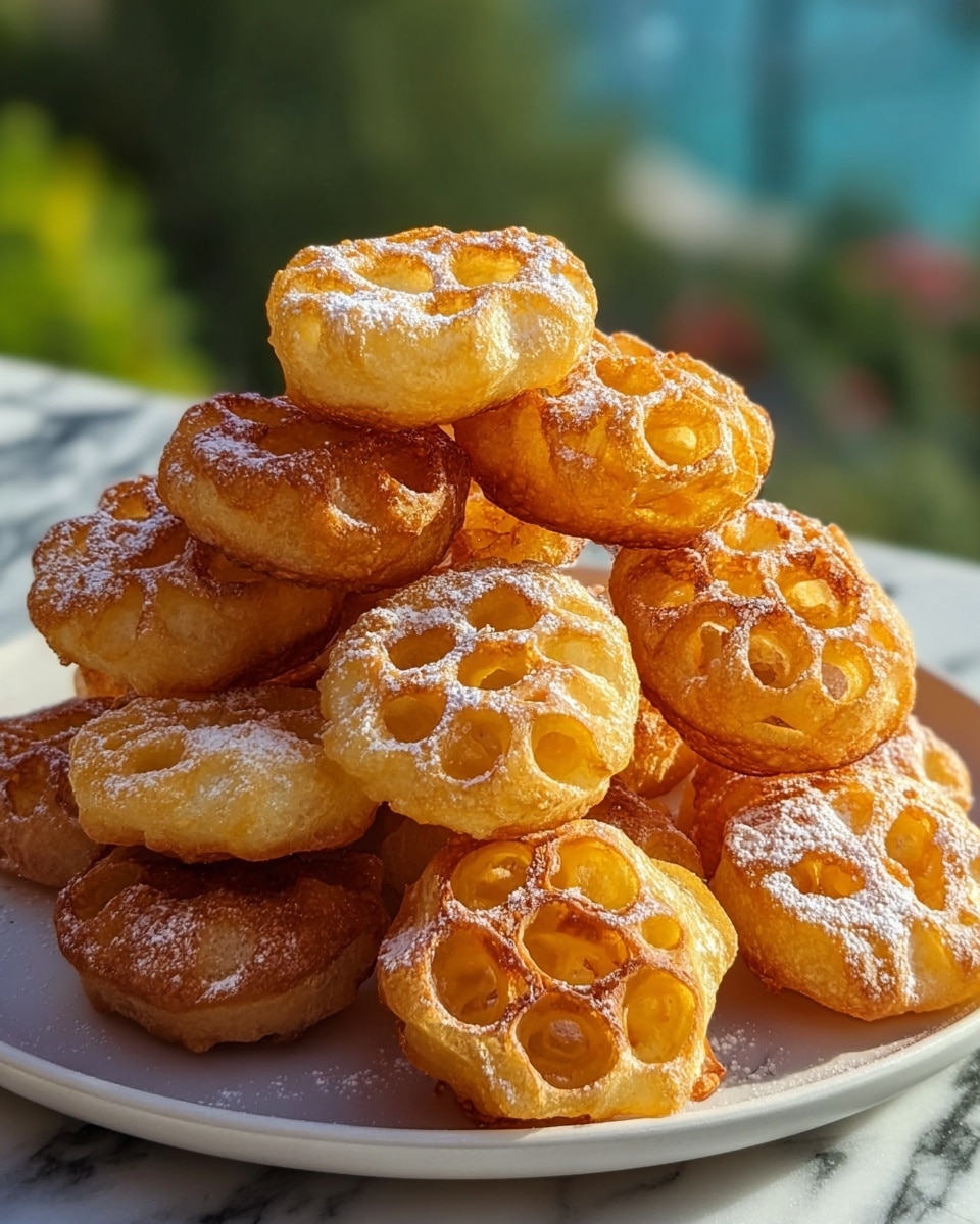 A stack of golden-brown, round honeycomb-shaped fried snacks with a light dusting of powdered sugar on top fills a white plate. Each piece has a delicate, crispy texture with honeycomb holes visible, and they vary slightly in shade from light golden to a deeper brown, showing a rich, inviting crunch. The plate rests on a white marbled surface with a blurred green and blue background hinting at an outdoor setting. photo taken with an iphone --ar 4:5 --v 7