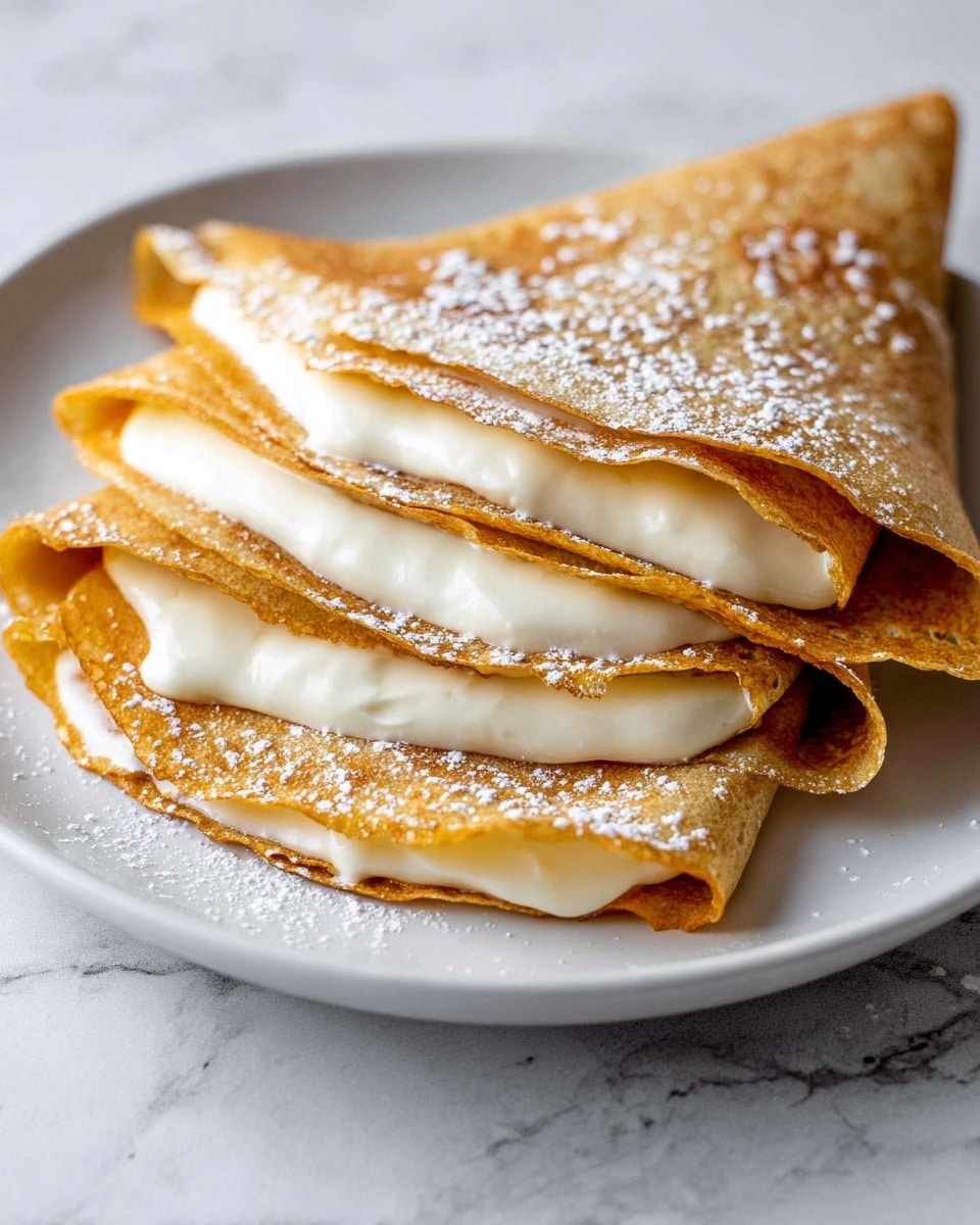 The image shows three folded crepes on a white plate, each crepe having two layers visible with a light brown, slightly textured surface. Between the crepe layers is a creamy white filling that is thick and smooth, slightly oozing out at the edges. The crepes are sprinkled lightly with powdered sugar on top, adding a delicate white touch. The plate rests on a white marbled surface. photo taken with an iphone --ar 4:5 --v 7