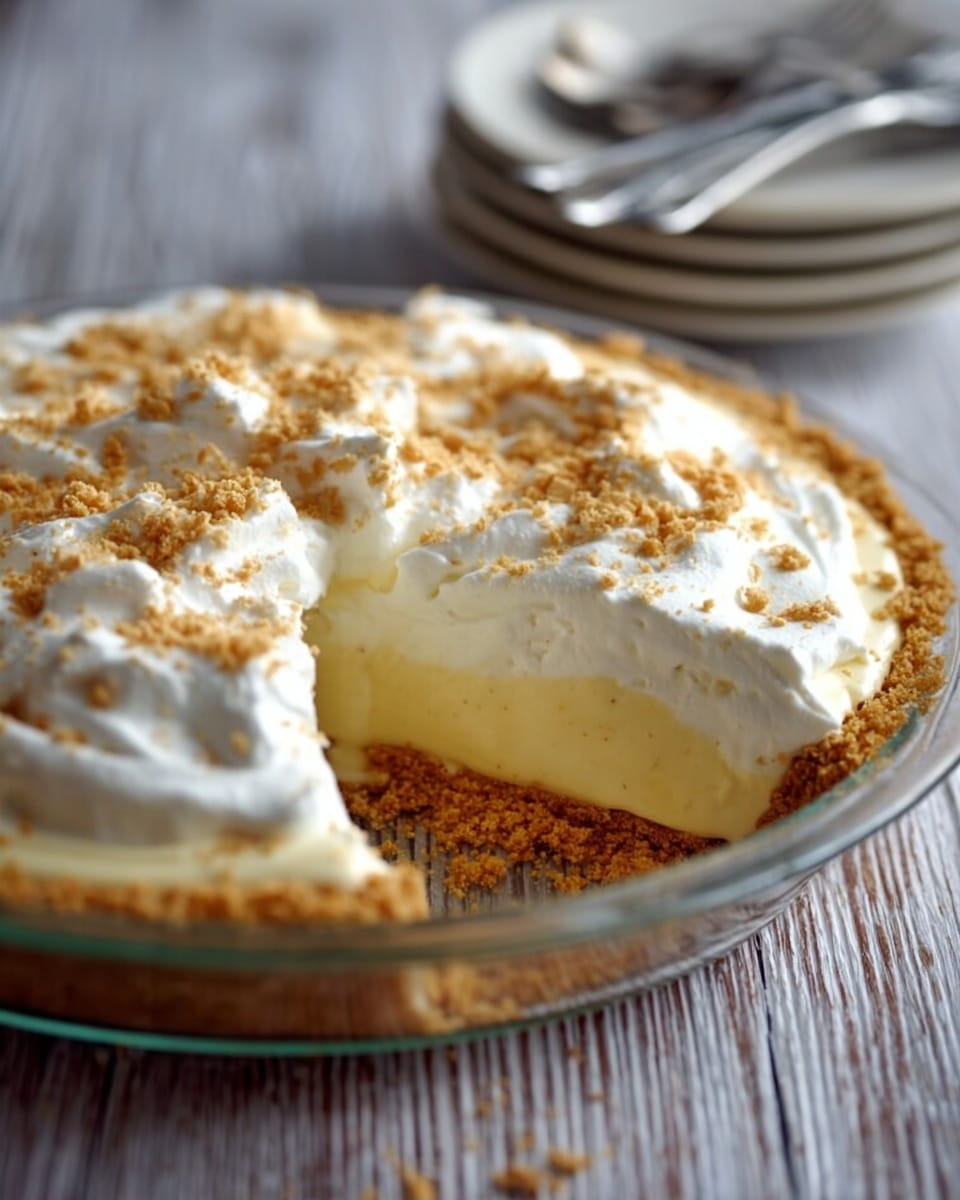 A creamy pie with three layers sits in a clear glass pie dish placed on a white marbled surface textured like wood. The bottom crust is golden brown and crumbly, evenly pressed against the edges of the dish. Above the crust is a smooth, pale yellow custard layer that looks thick and rich. The top layer is a fluffy, white whipped cream spread thickly with soft peaks, sprinkled lightly with crushed golden brown crumbs. In the background, a small stack of white plates and silver forks are slightly out of focus, enhancing the homemade feel. Photo taken with an iphone --ar 4:5 --v 7