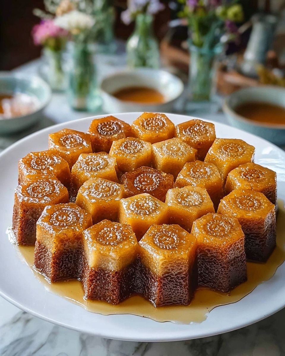 A white plate holds a round dessert made of 19 hexagonal pieces arranged in a tight flower-like pattern. Each piece has two layers: the top layer is golden brown and shiny with a smooth, slightly translucent texture and a decorative pattern pressed on the surface, while the bottom layer is darker brown and denser with a matte finish. The dessert looks moist with a light syrup glaze pooling slightly around the base. In the background, there are blurred vases with flowers and bowls on a white marbled surface. photo taken with an iphone --ar 4:5 --v 7