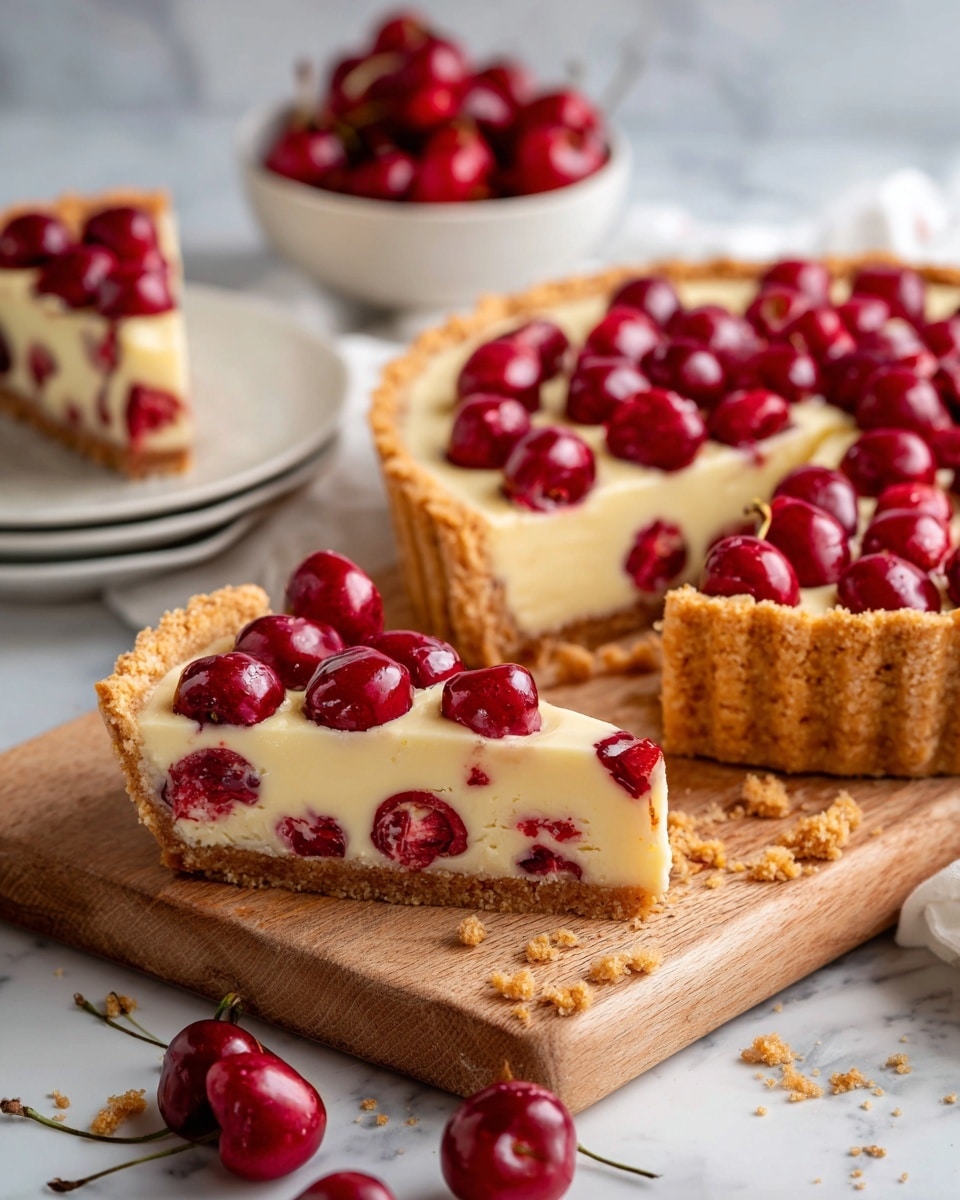 The image shows a sliced tart with a thick golden crust forming the base and sides. The filling is creamy pale yellow with bright red cherries embedded evenly throughout the top and inside the slice. The tart is set on a wooden board with a few crumbs scattered around. In the background, there is a white bowl filled with more red cherries and a plate with another slice of the tart, all placed on a white marbled surface. Photo taken with an iphone --ar 4:5 --v 7