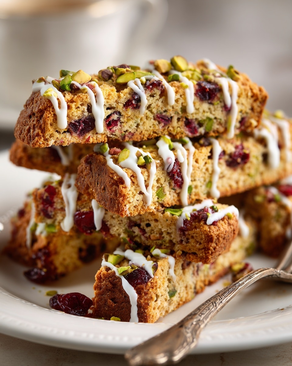 The image shows several slices of a cake arranged on a white plate with a white marbled texture below. Each slice has a golden brown crust with a soft, light yellow inside filled evenly with bright red dried cranberries and green pistachio nuts. The cake slices are decorated with thin white icing drizzled in lines across the top, adding texture and contrast. The cranberries and pistachios create a colorful pattern inside each slice, making the cake look fresh and rich in flavor. Photo taken with an iphone --ar 4:5 --v 7
