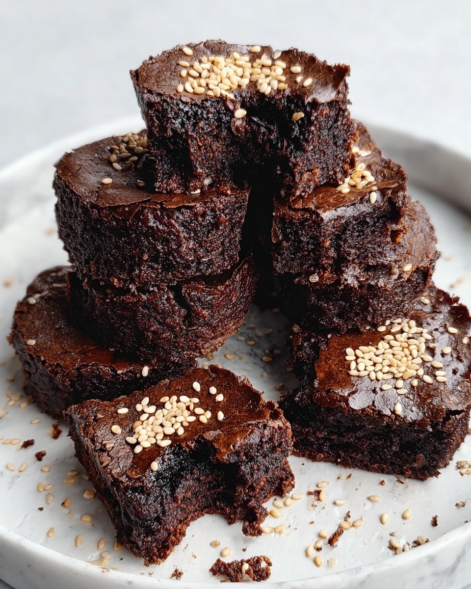 The image shows a stack of seven dark chocolate brownies on a white plate with a white marbled texture. Each brownie has a cracked, glossy top layer with a deep brown color and a chewy texture inside. Some of the brownies are topped with a small pile of light tan sesame seeds, which also scatter around the plate. The brownies appear thick, dense, and rich, with one brownie showing a bite taken out, revealing the moist interior. The plate and background have a clean, simple look that highlights the dark, textured surface of the brownies. Photo taken with an iphone --ar 4:5 --v 7