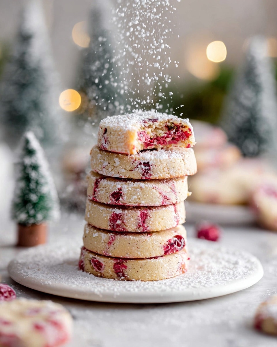 A tall stack of six round cookies with visible red berry pieces is centered on a white plate, all dusted with a fine layer of powdered sugar being sprinkled from above. The top cookie has a bite taken out, showing a dense, crumbly texture with bright red bits inside. The cookies are light golden with streaks of red berries beneath the powdered sugar. The white plate sits on a white marbled surface, surrounded by blurred holiday decorations like small frosted trees and soft lights in the background. Photo taken with an iphone --ar 4:5 --v 7