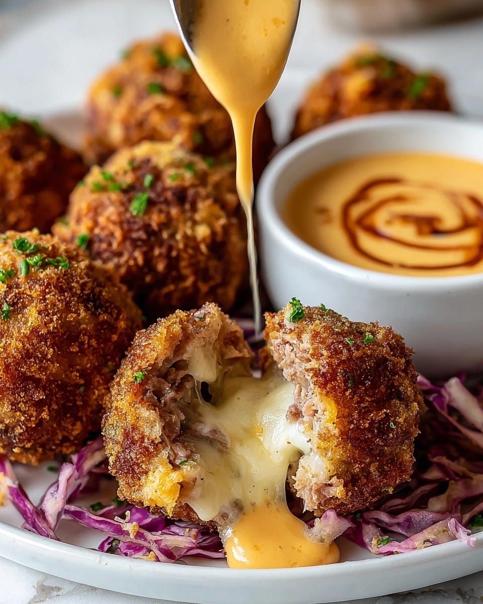 A close-up image shows crispy fried balls with a golden brown, crunchy outer layer sprinkled with small green herbs on top. One of the balls is cut open, revealing melted white cheese mixed with soft brown meat inside. The balls sit on shredded purple and white cabbage on a white plate. A creamy orange sauce is dripping from a spoon onto one open ball, pooling on the cabbage below. In the background, a white bowl is filled with the same creamy orange sauce with a swirl on top, all placed on a white marbled surface. photo taken with an iphone --ar 4:5 --v 7
