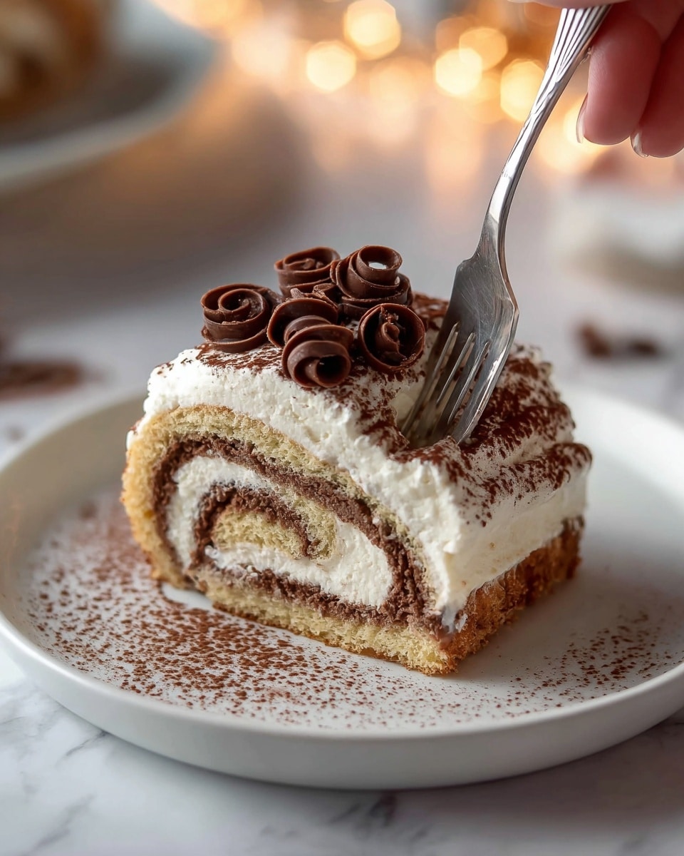 A slice of rolled cake sits on a white plate with a white marbled surface underneath, showing three clear layers: a light brown sponge cake base, a creamy white filling spiraled inside the cake, and a thick white cream layer covering the top. The top cream layer is dusted evenly with cocoa powder, adding a soft brown tone, and is decorated with dark brown chocolate curls arranged in the center. A silver fork held by a woman's hand is touching the side of the cake, slightly lifting a piece, while some cocoa powder is scattered lightly around the plate’s edge. The background is softly blurred with warm lights adding a cozy feel. photo taken with an iphone --ar 4:5 --v 7