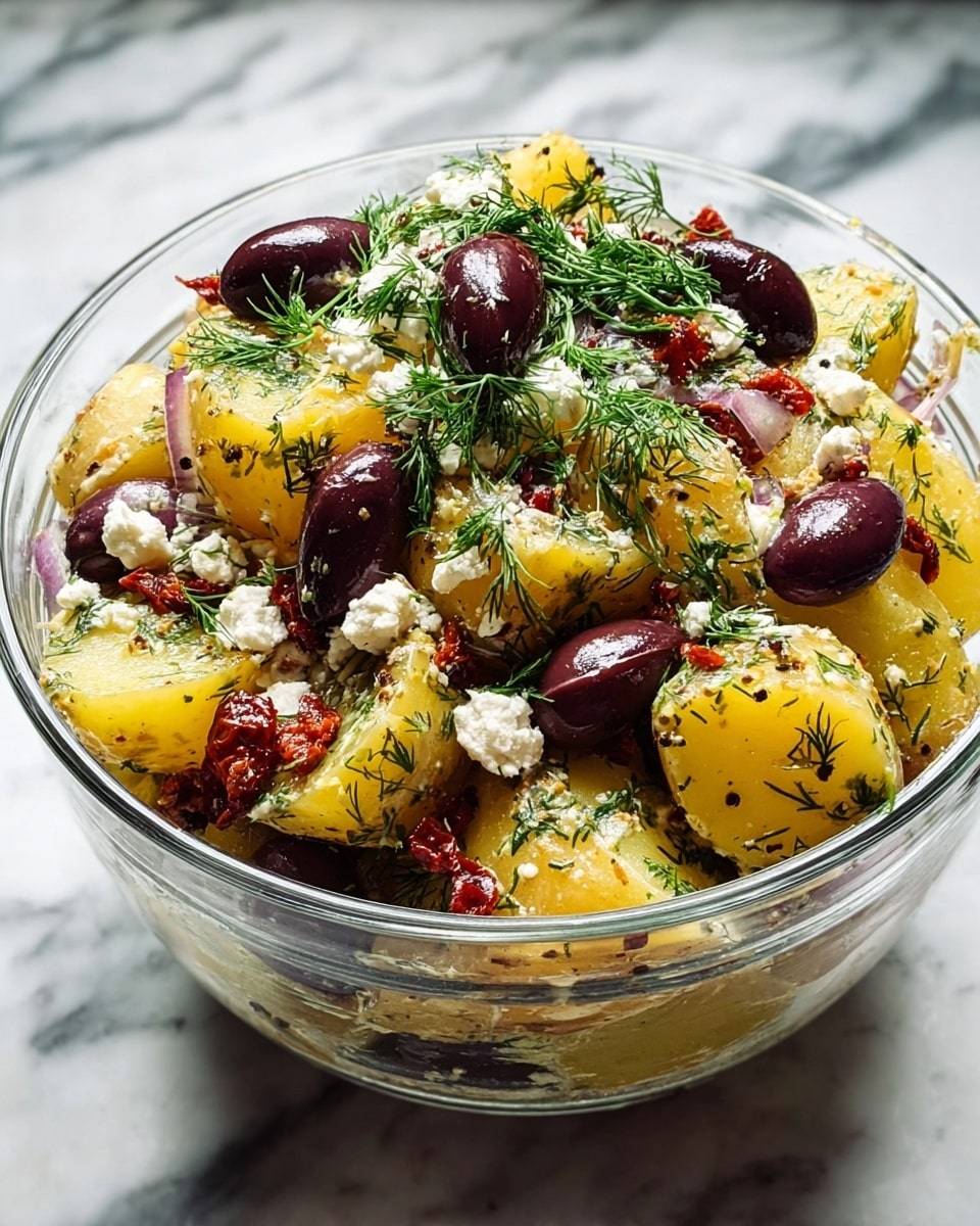 A clear glass bowl holds a vibrant potato salad with around four layers of chunky, yellow potato pieces mixed with slices of deep red onions and reddish-brown dried tomatoes scattered throughout. Small white crumbles of feta cheese and plenty of fresh green dill sprigs are spread on top and mixed inside, adding texture and color. Dark purple olives are placed evenly around the salad, giving a contrast to the bright potatoes and greens. The bowl rests on a white marbled surface, enhancing the fresh and colorful look. photo taken with an iphone --ar 4:5 --v 7