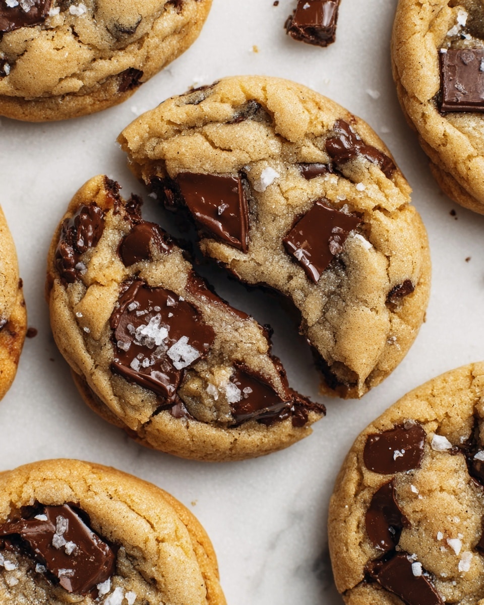 The image shows close-up of soft chocolate chip cookies on a white marbled surface. One cookie is broken in the middle, showing a chewy inside with melted chocolate chunks. Each cookie has a golden brown outer layer with visible large, dark brown chocolate chunks scattered on top. There are also bits of coarse sea salt sprinkled on the cookies, enhancing their texture. Photo taken with an iphone --ar 4:5 --v 7