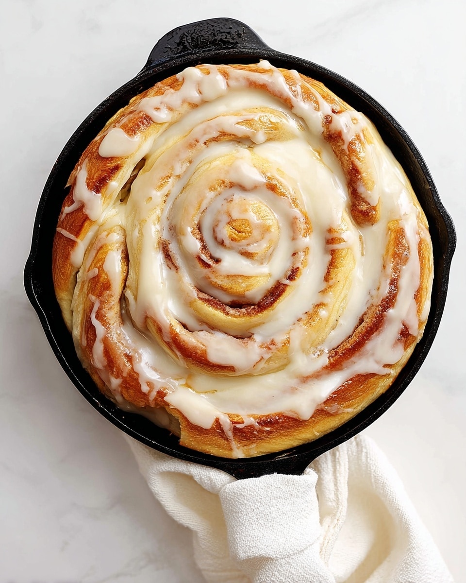 A close-up image of a bakery item in a black pan, showing a twisted, layered bread with golden brown and light tan tones. The bread is twisted into at least three visible thick layers, with a soft, textured crust. On top of the bread, a generous layer of smooth white frosting or glaze is being poured, softly spreading and slightly dripping down the sides. A white cloth is partially visible in the foreground, with a white marbled surface in the background. photo taken with an iphone --ar 4:5 --v 7