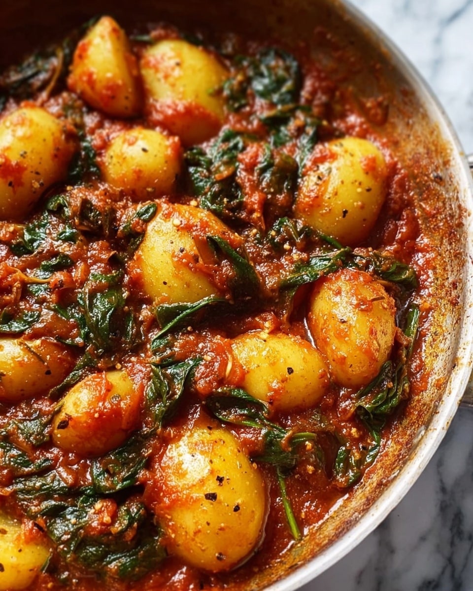 The image shows a close-up view of a cooked dish inside a pan with pieces of yellow potatoes covered in a thick red tomato sauce mixed with wilted dark green spinach leaves; the sauce looks chunky and spicy with visible seasoning specks, and the potatoes appear soft with a slightly glossy texture, all sitting against a white marbled surface. photo taken with an iphone --ar 4:5 --v 7