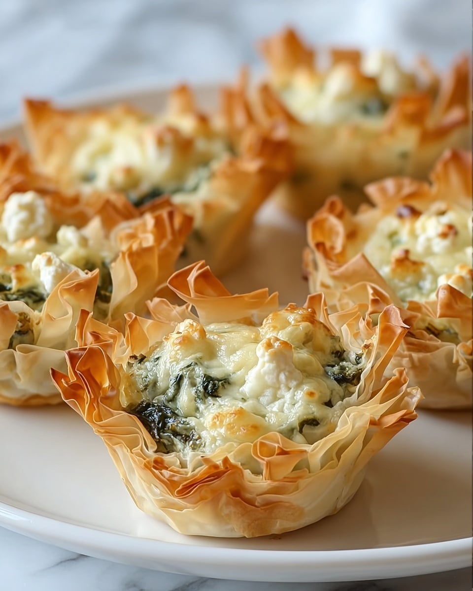 The image shows a close-up of seven small filo pastry cups on a white plate, each with three visible delicate, crispy, and golden-brown layers on the outside, many edges ruffled and slightly curled. Inside each cup, there is a creamy filling with two layers: a bottom layer of cooked green spinach mixed with cheese, and a top melted cheese layer with a slightly bubbly, golden texture. The background is softly blurred with a white marbled surface beneath the plate. Photo taken with an iphone --ar 4:5 --v 7
