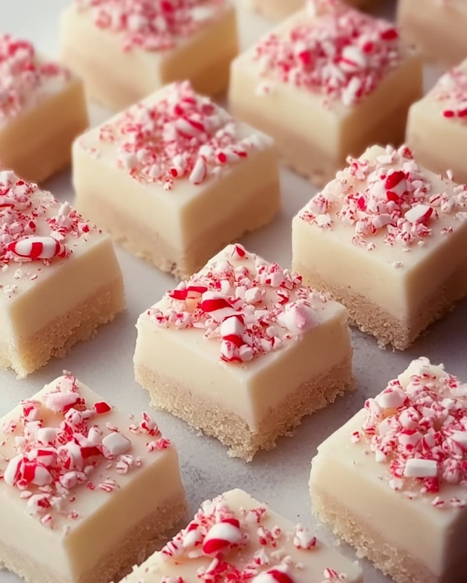 The image shows multiple small square-shaped white treats with a smooth creamy upper layer and a crumbly light beige base layer. Each treat is topped with a sprinkle of crushed red and white candy pieces that add a bright, textured contrast to the smooth white top. The treats are arranged closely on a white marbled surface that reflects light softly, making the colors stand out. The overall look is clean and festive with a simple, neat presentation. Photo taken with an iphone --ar 4:5 --v 7