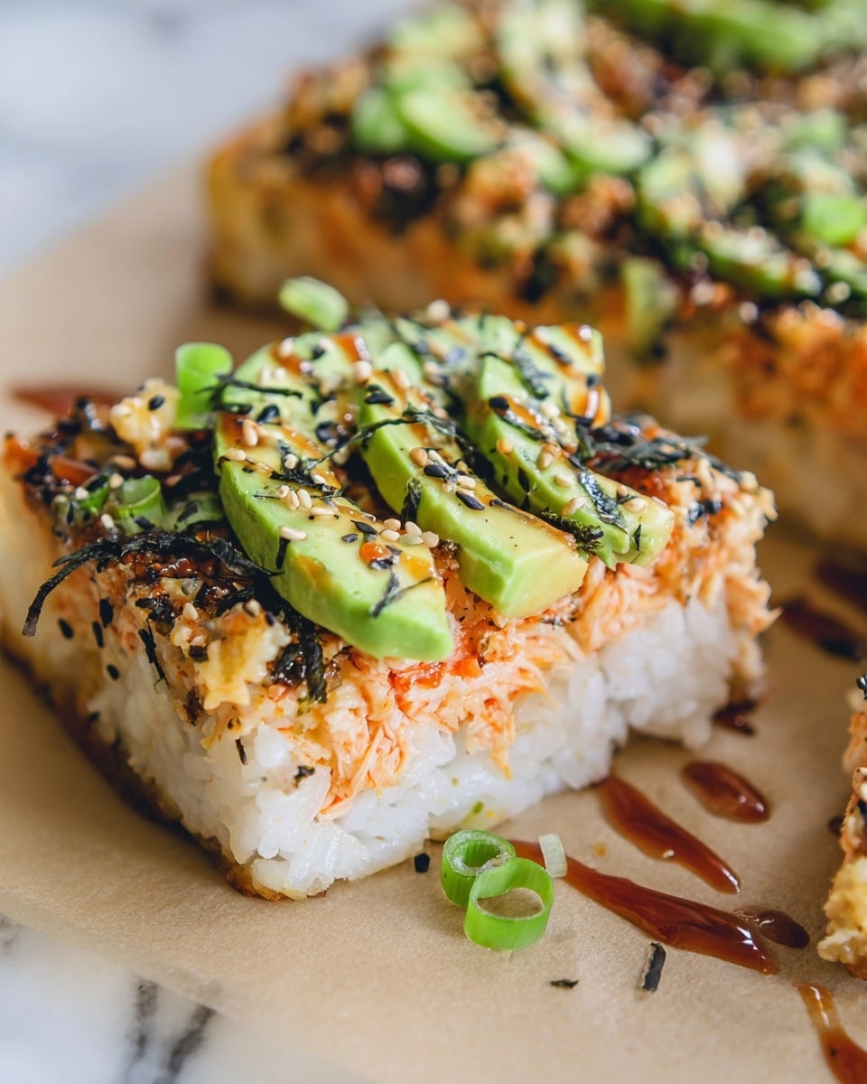 A close-up view of a slice of sushi pizza with three visible layers: a bottom layer of sticky white rice, a middle layer of shredded orange crab or fish mixed with sauce, and a top layer featuring thick slices of green avocado with black sesame seed and seaweed flakes sprinkled on top. The slice is garnished with small pieces of green spring onion and drizzled with light pink and dark brown sauces. The pizza sits on a light brown surface with a white marbled texture faintly visible. Photo taken with an iphone --ar 4:5 --v 7