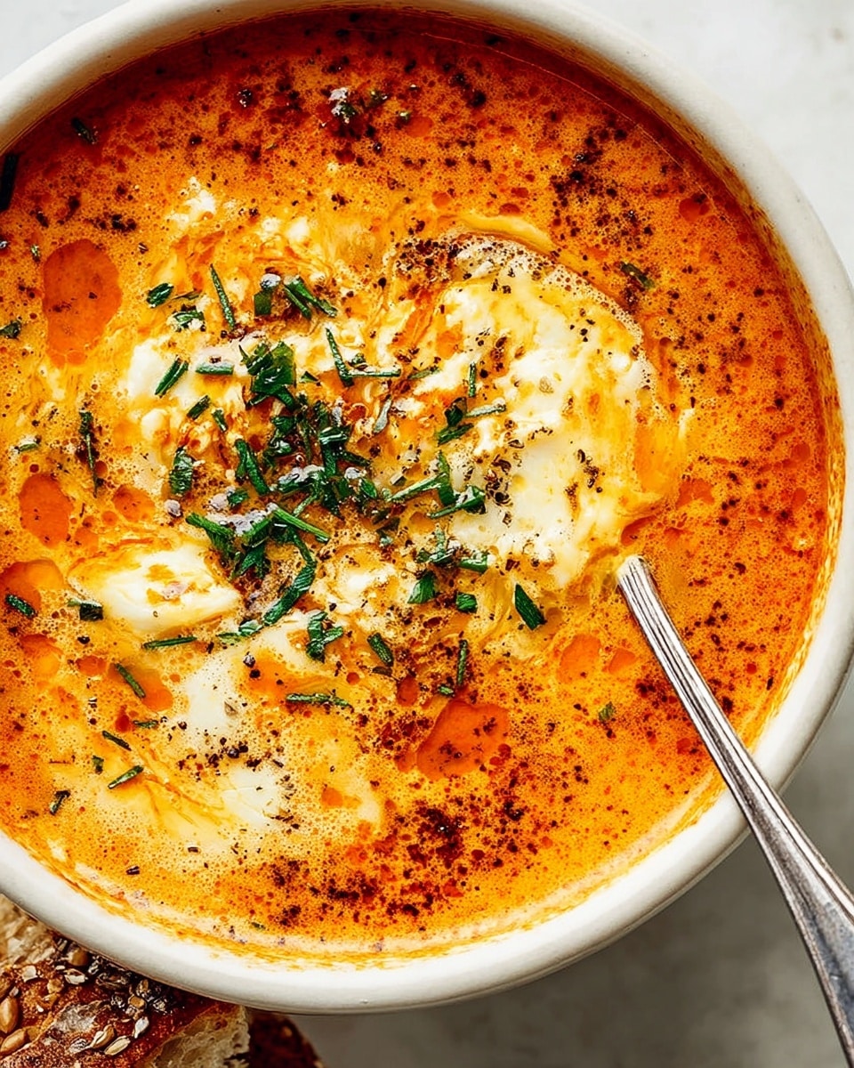A close-up of a bowl filled with rich orange soup that has a creamy texture on top, showing layers of melted cheese and spices like black pepper scattered across its surface. The soup has small pools of oil that shine and appear slightly separated from the thicker parts of the soup. Finely chopped green herbs are sprinkled mostly on one side of the bowl adding fresh color contrast to the orange and cream mix. A silver spoon rests inside the white bowl with its handle extending out, and a small piece of crusty bread with seeds peeks in from the bottom right corner. The bowl is placed on a white marbled surface. photo taken with an iphone --ar 4:5 --v 7