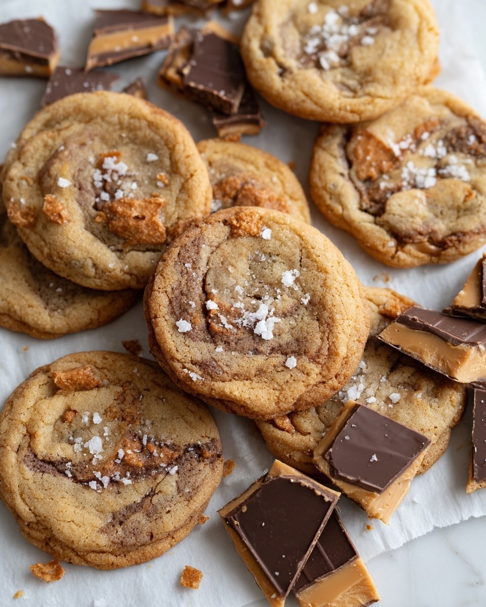 A close-up view of a group of soft, round cookies with a golden brown color and swirls of darker brown inside, showing a textured surface with some cracks. On top of several cookies are small flakes of white sea salt, adding contrast. Scattered around the cookies are broken pieces of candy bark with a smooth, dark chocolate layer on top and a light tan, crumbly base. All the cookies and bark rest on white parchment paper which lays over a white marbled surface. Photo taken with an iphone --ar 4:5 --v 7